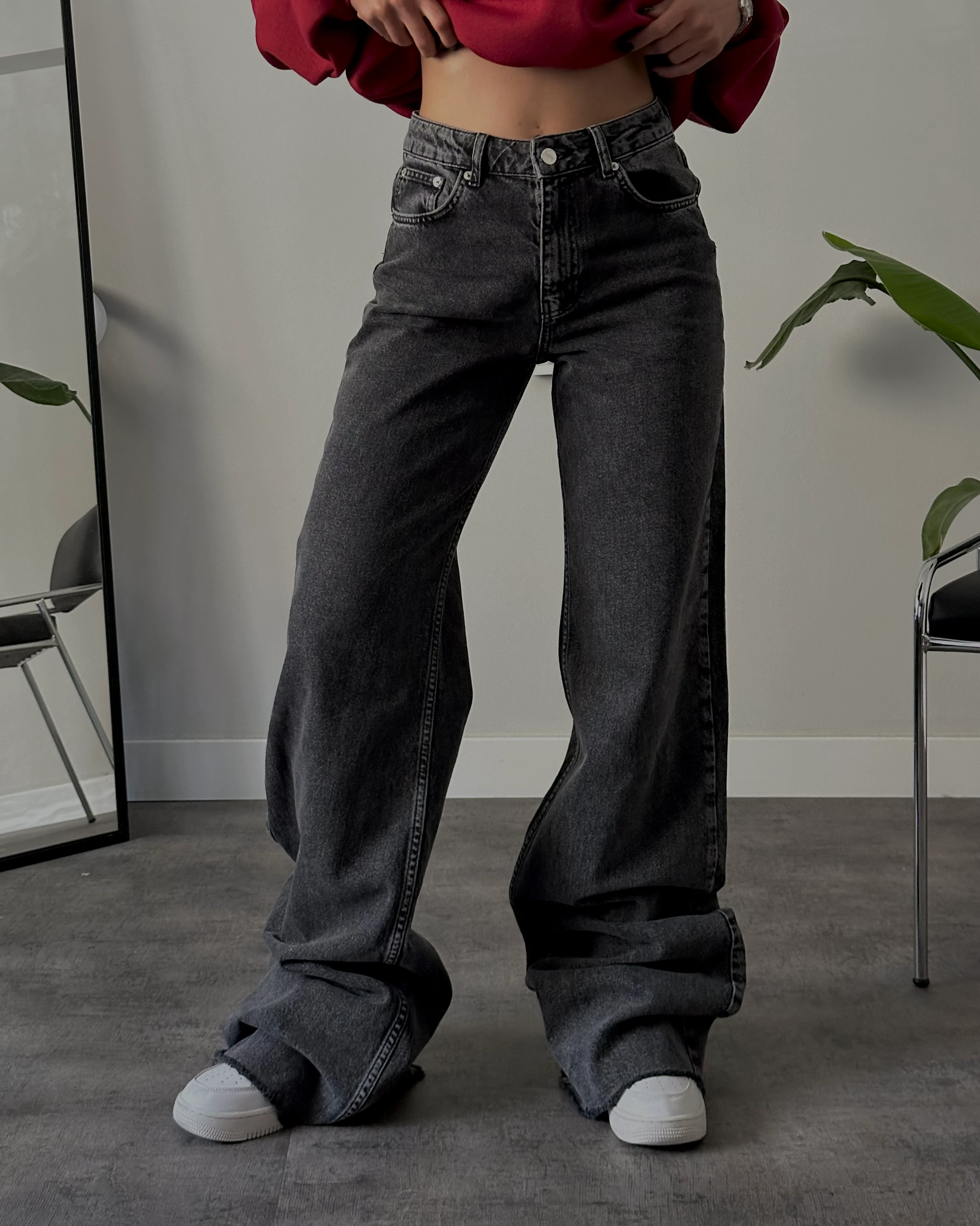 Yüksek Bel Koyu Gri Wide Leg Jean