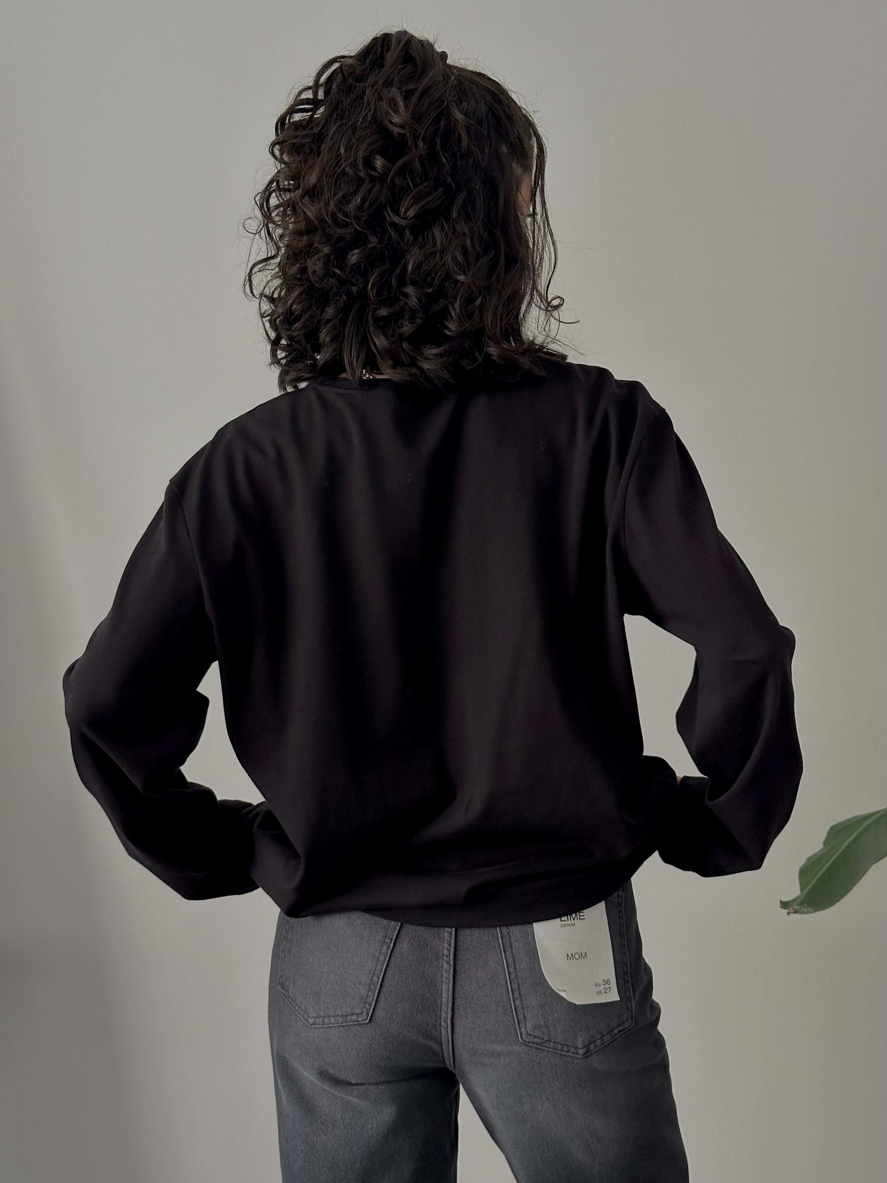 100% Cotton Oversize Basic Long Sleeve T-Shirt - Black