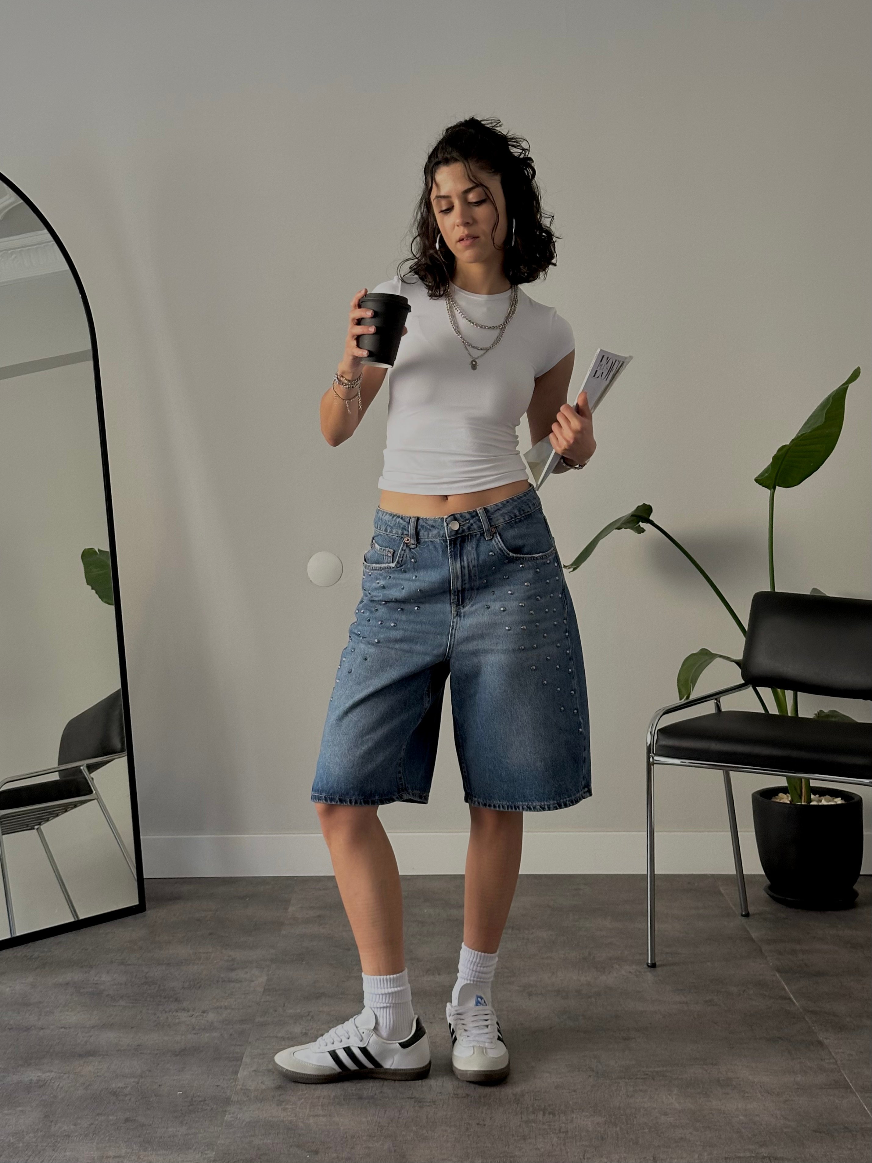 Zımba Detaylı Relaxed Fit Jort Denim Bermuda
