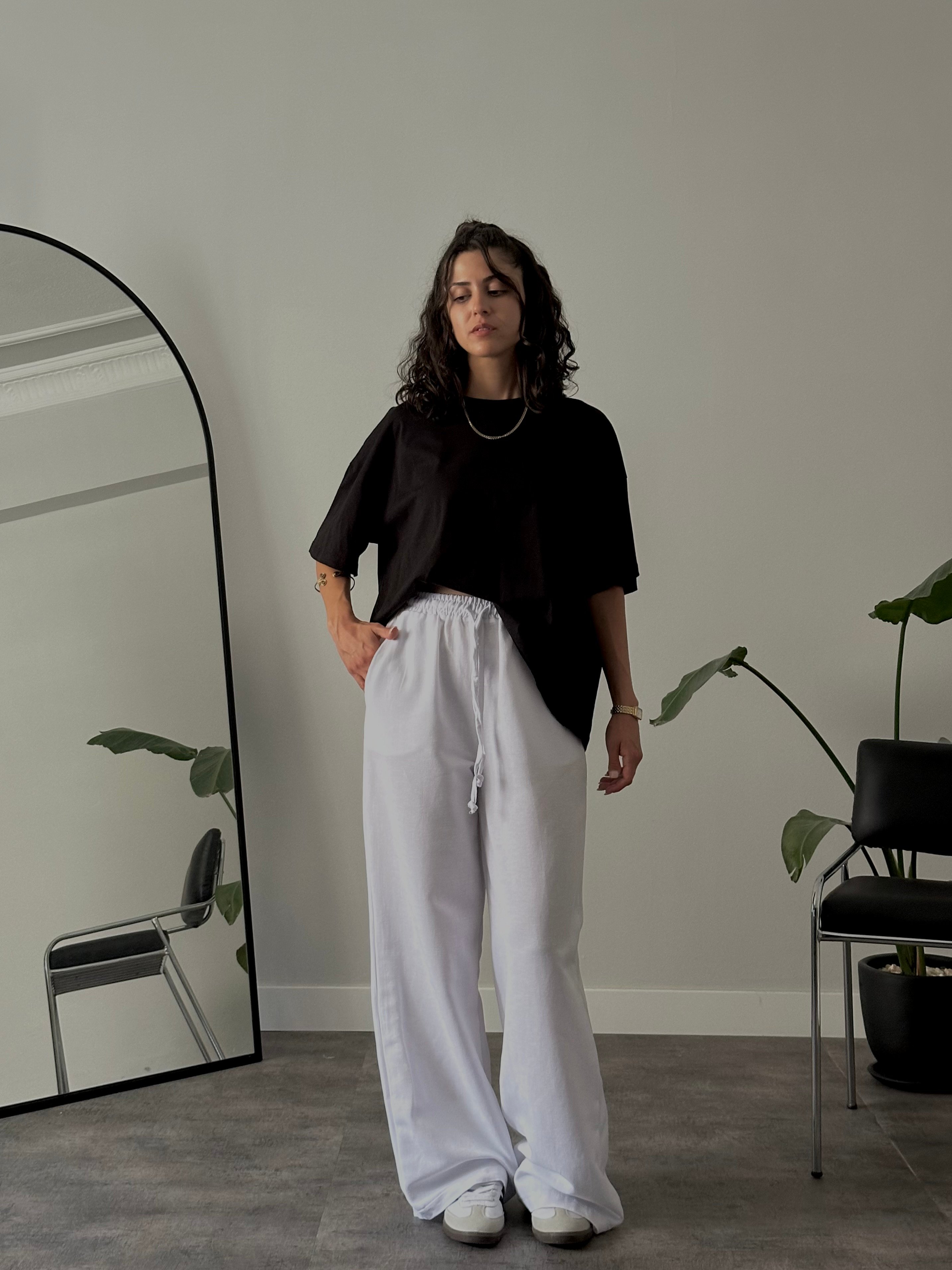 Yüksek Bel Bağcıklı Relaxed Keten Pantolon - Beyaz