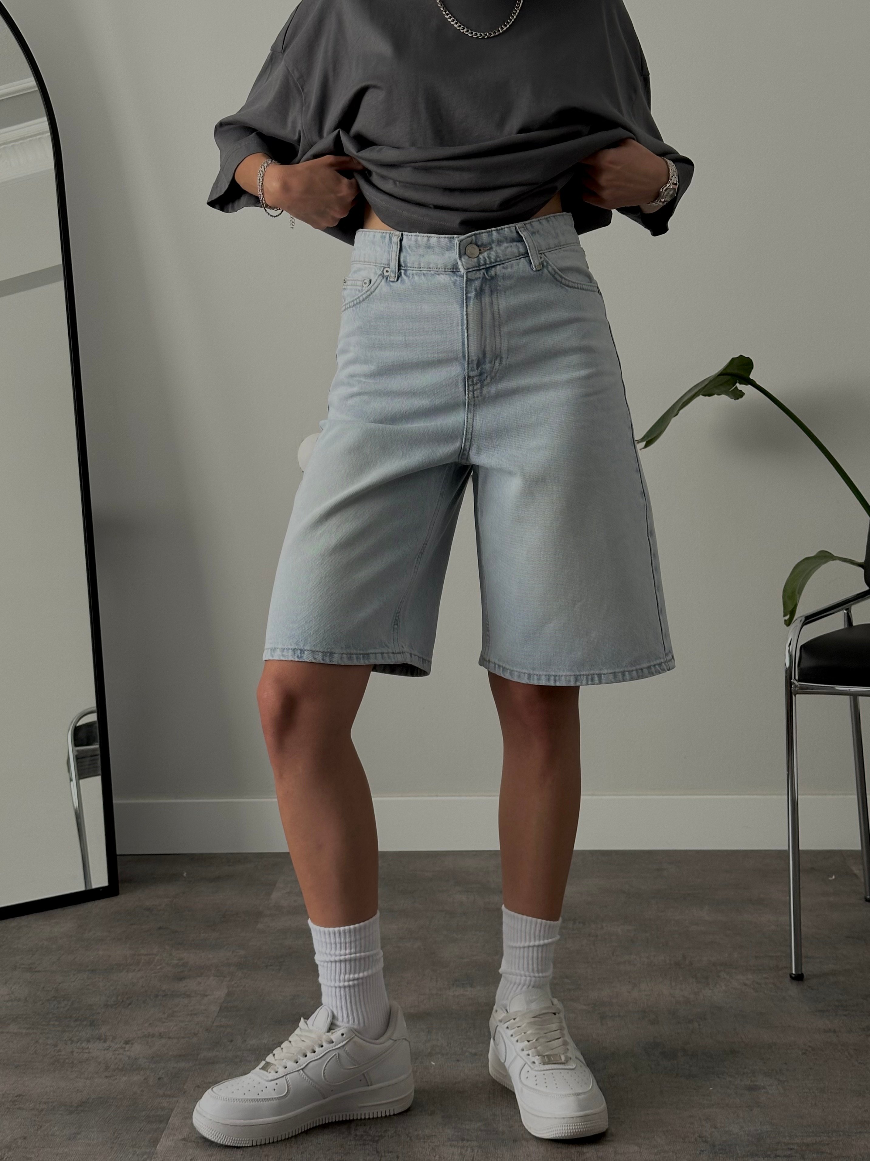 Yüksek Bel Sky Blue Straight Denim Şort