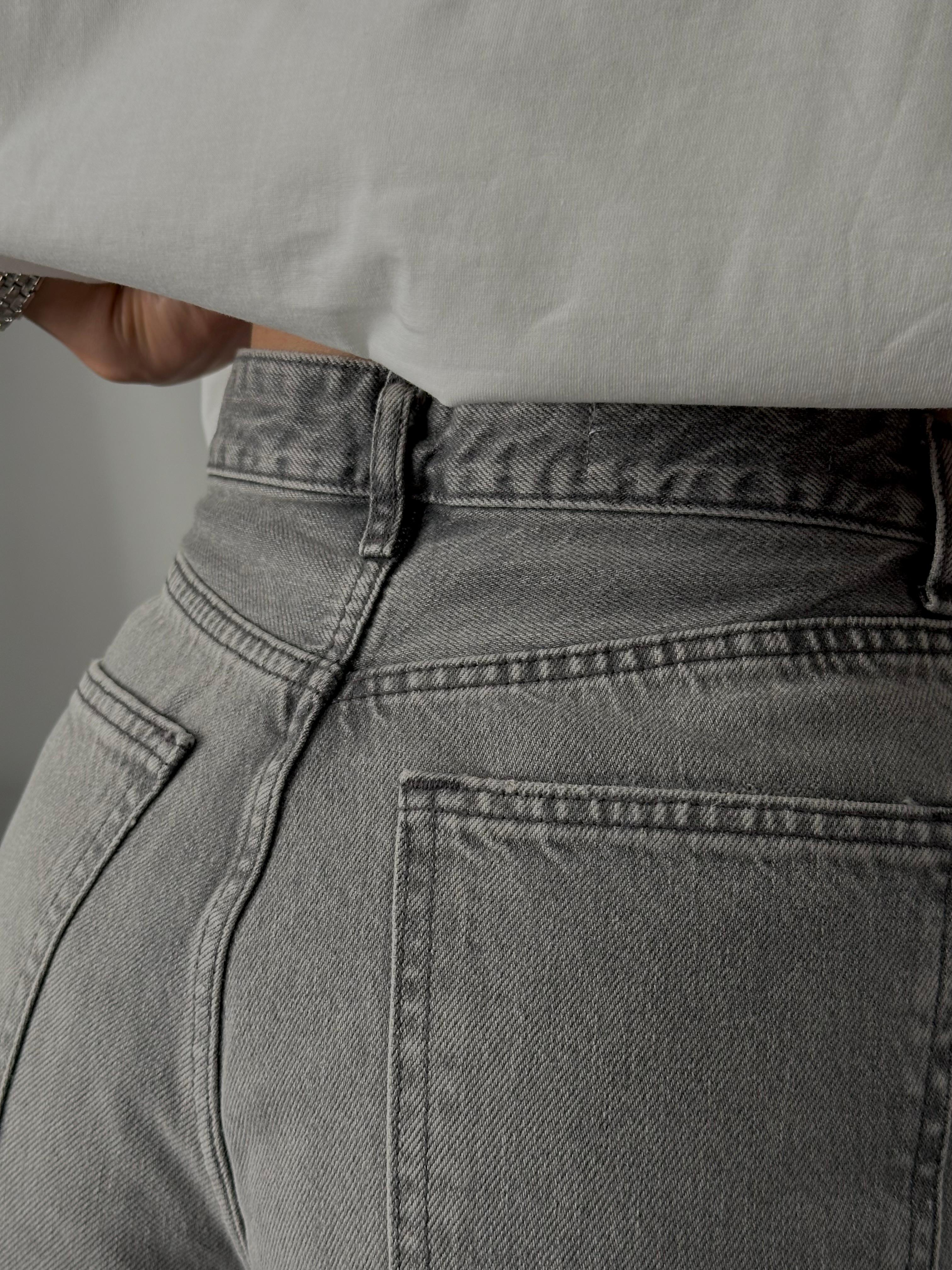 Yüksek Bel Denim Şort - Yıkamalı Gri Denim