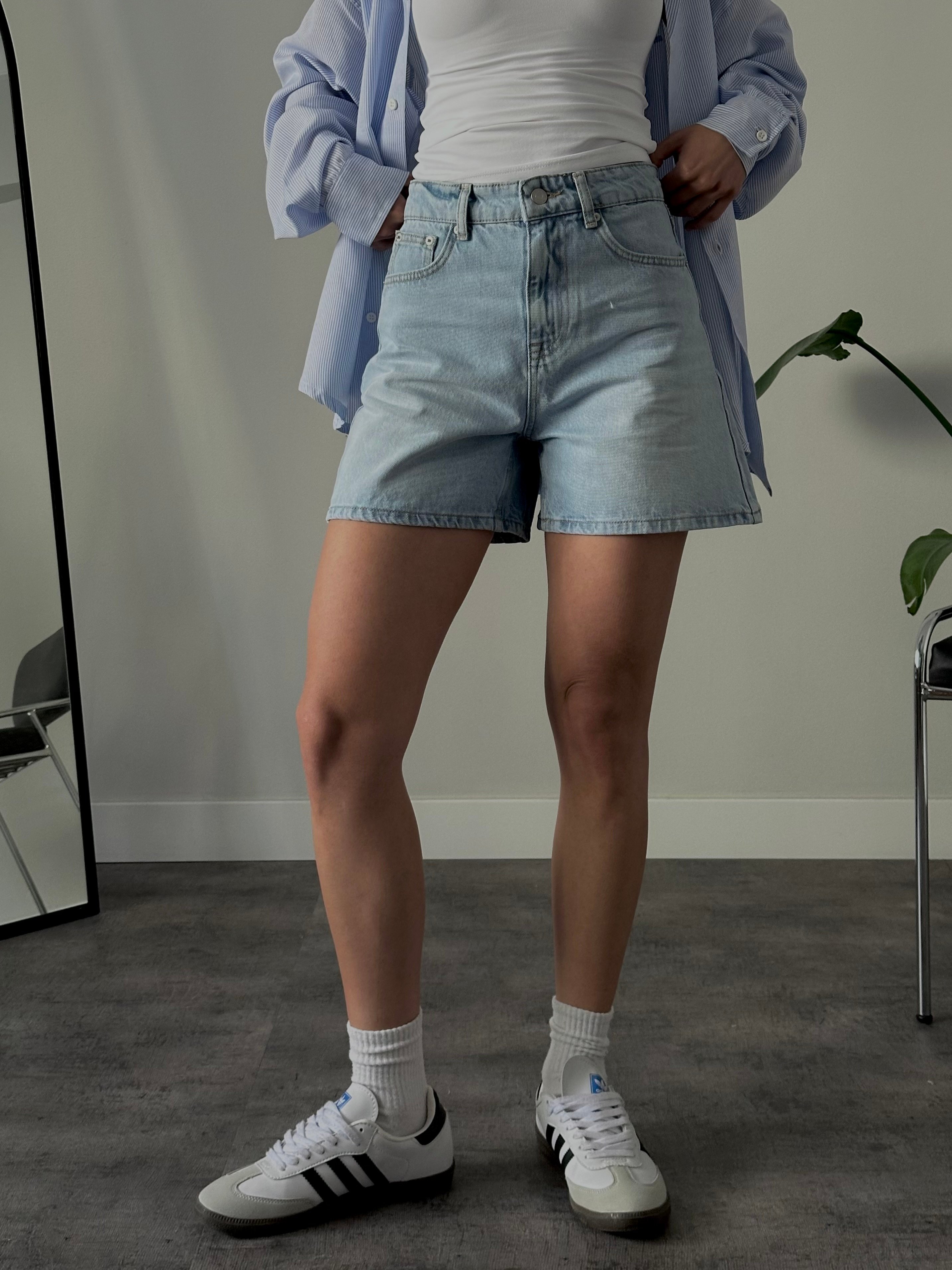 Yüksek Bel Mom Denim Şort - Mavi Denim