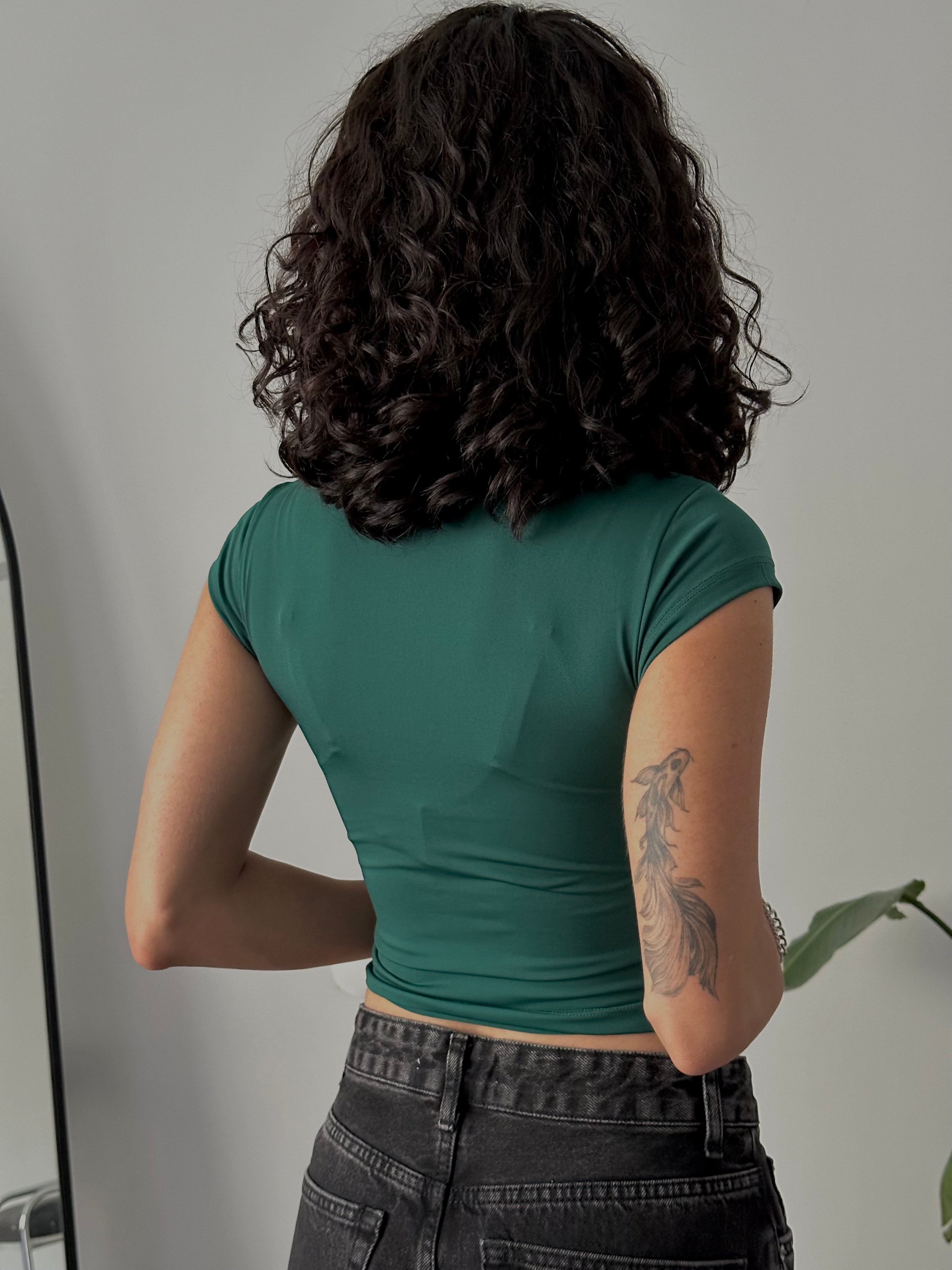 Slim Fit Basic Kısa Kollu Crop  - Yeşil