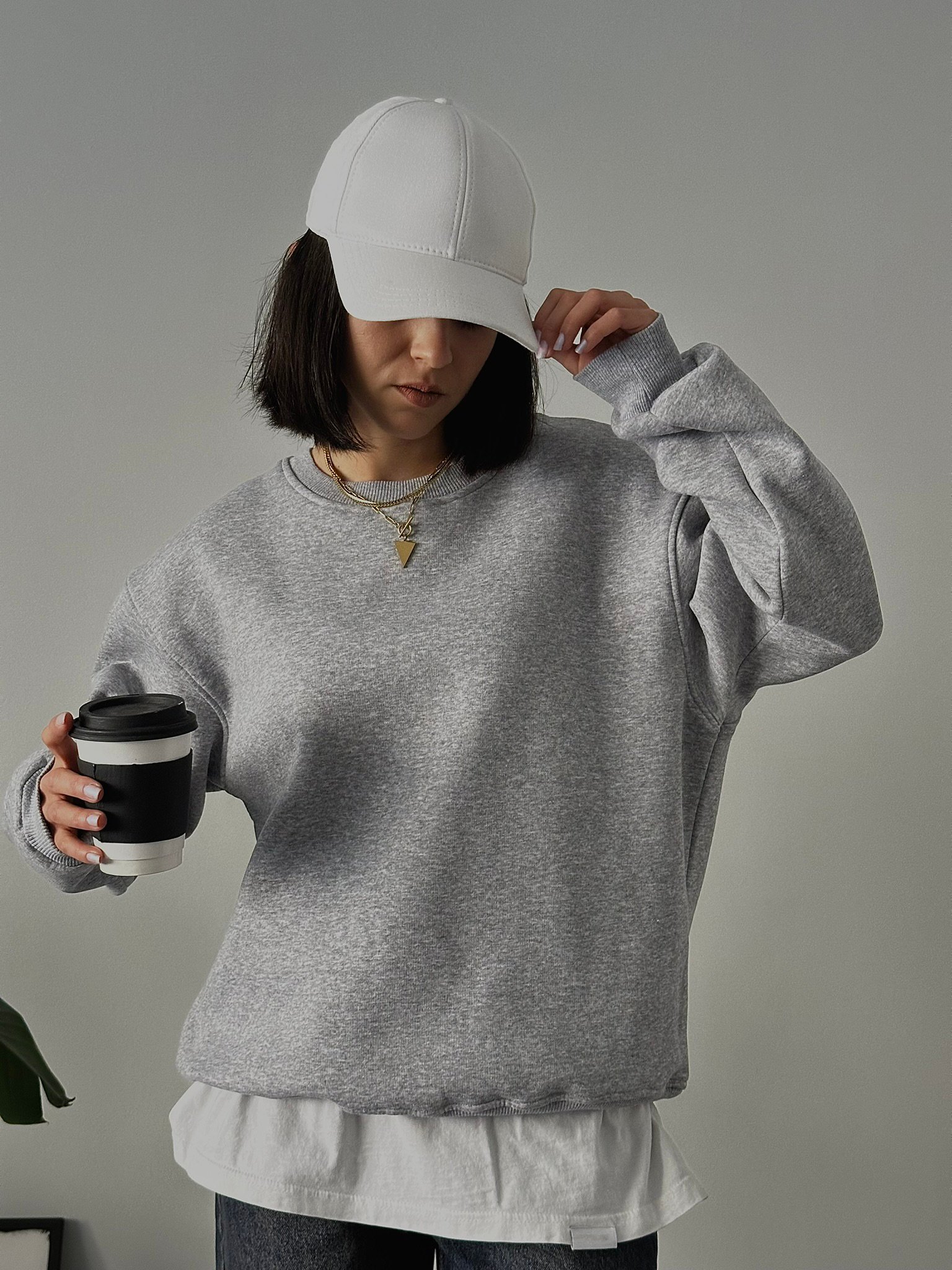 Oversize Kadın Bisiklet Yaka Basic Sweatshirt - Gri