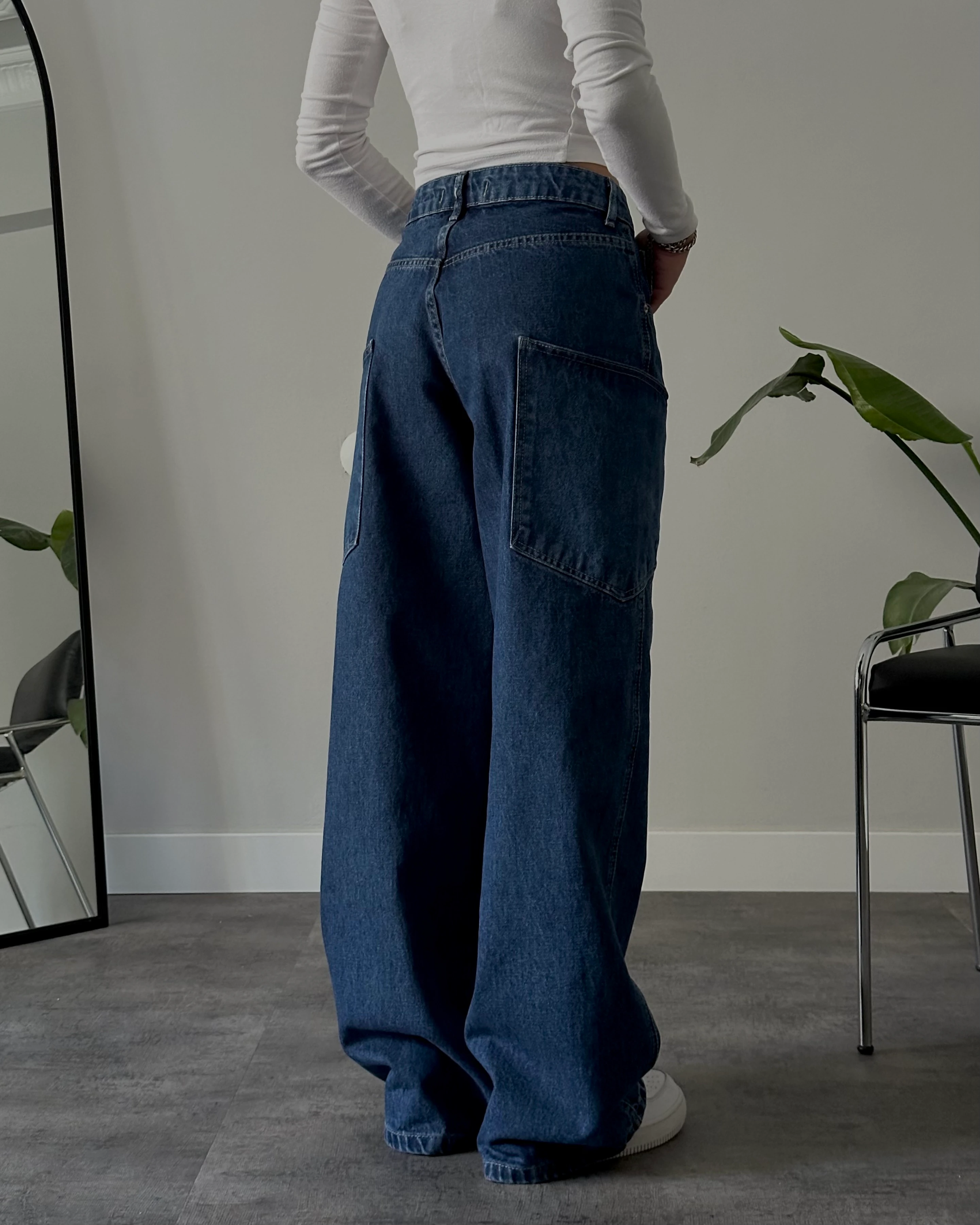 Yüksek Bel Mavi Kargo Detaylı Baggy Jean