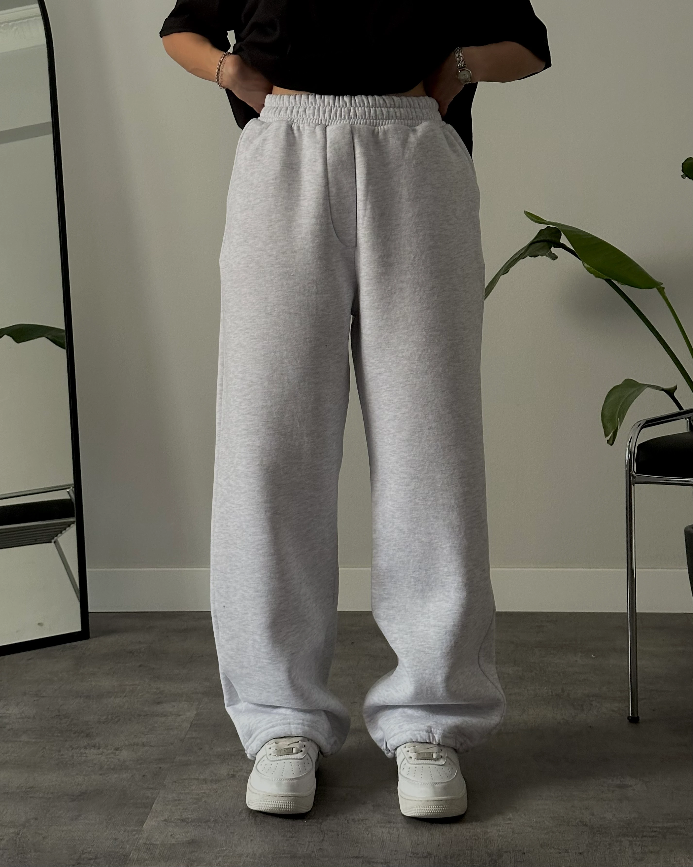 Ultra Yüksek Bel Baggy Fit Üç İplik Şardonlu Eşofman Altı - Gri