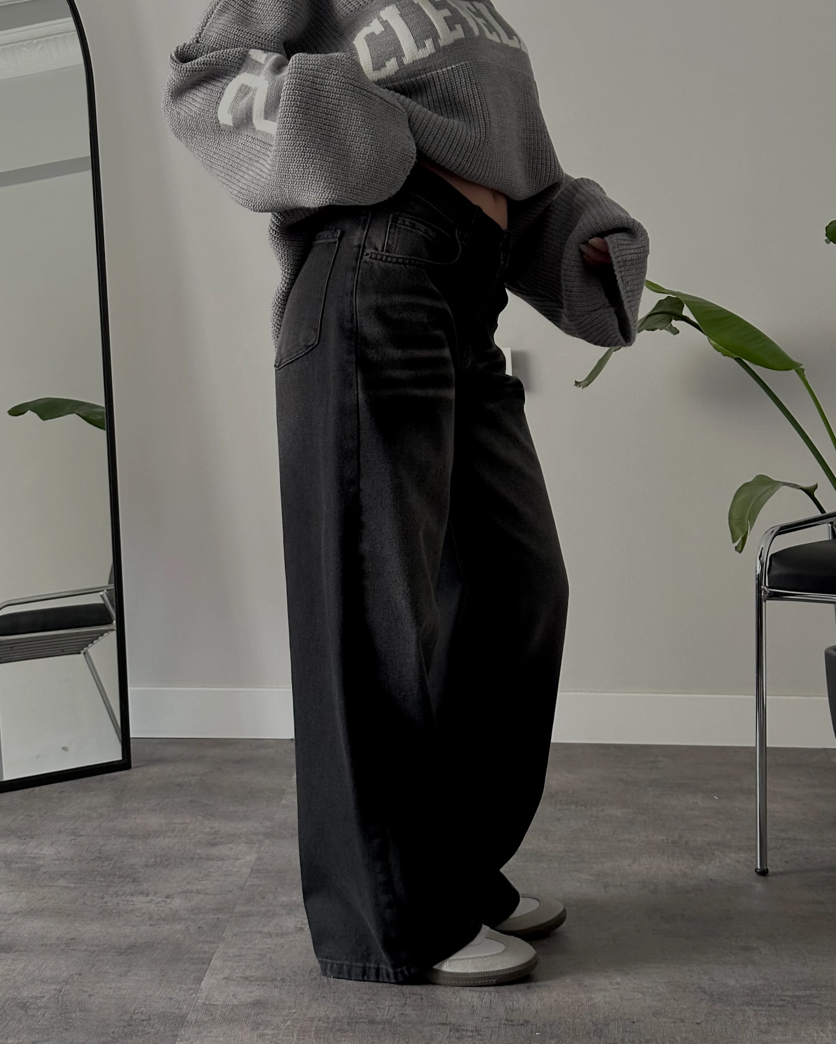 Unisex Yüksek Bel Kahverengi Yıkamalı Retro Baggy Jean