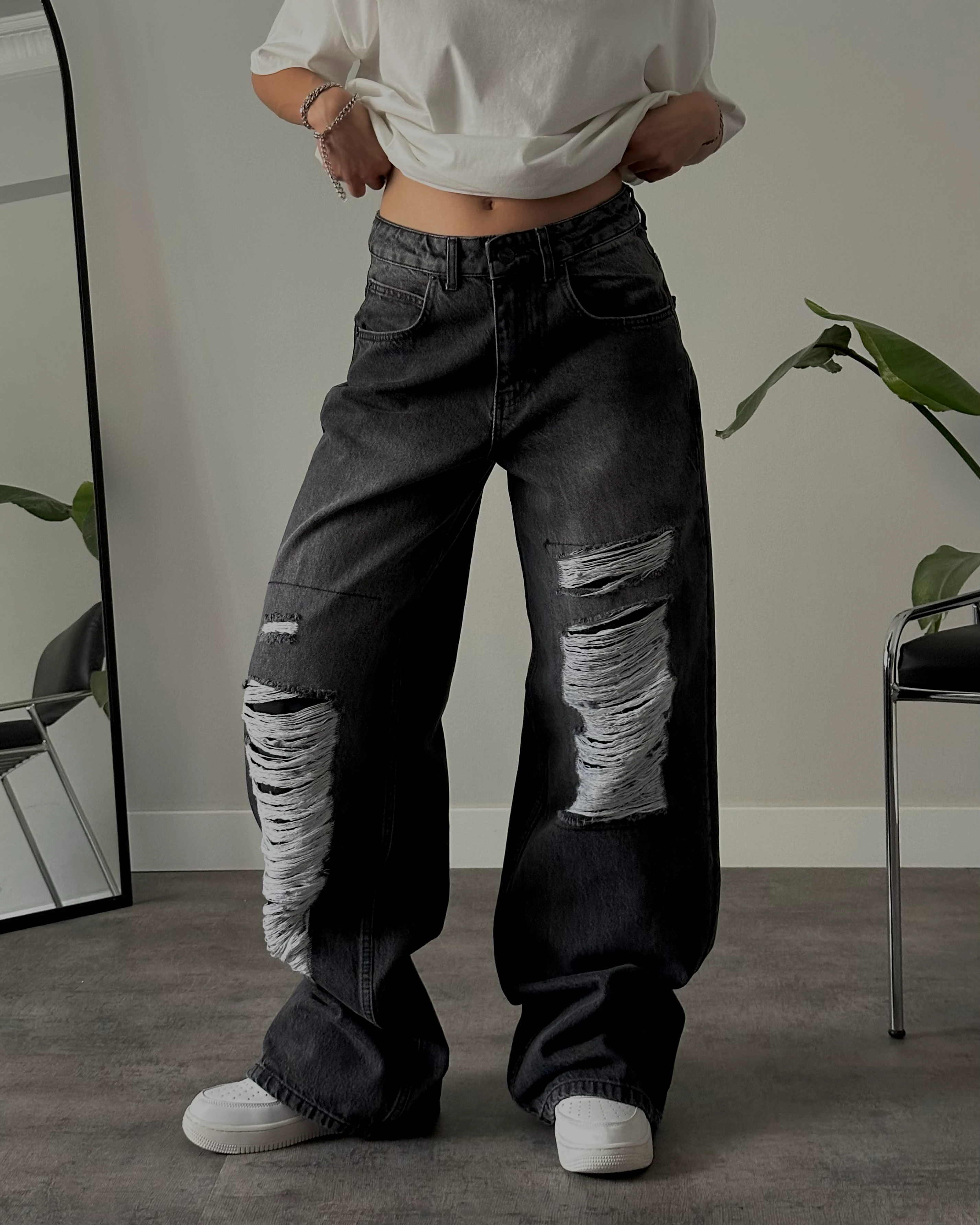 Yüksek Bel Siyah Aşırı Yırtık Baggy Jean