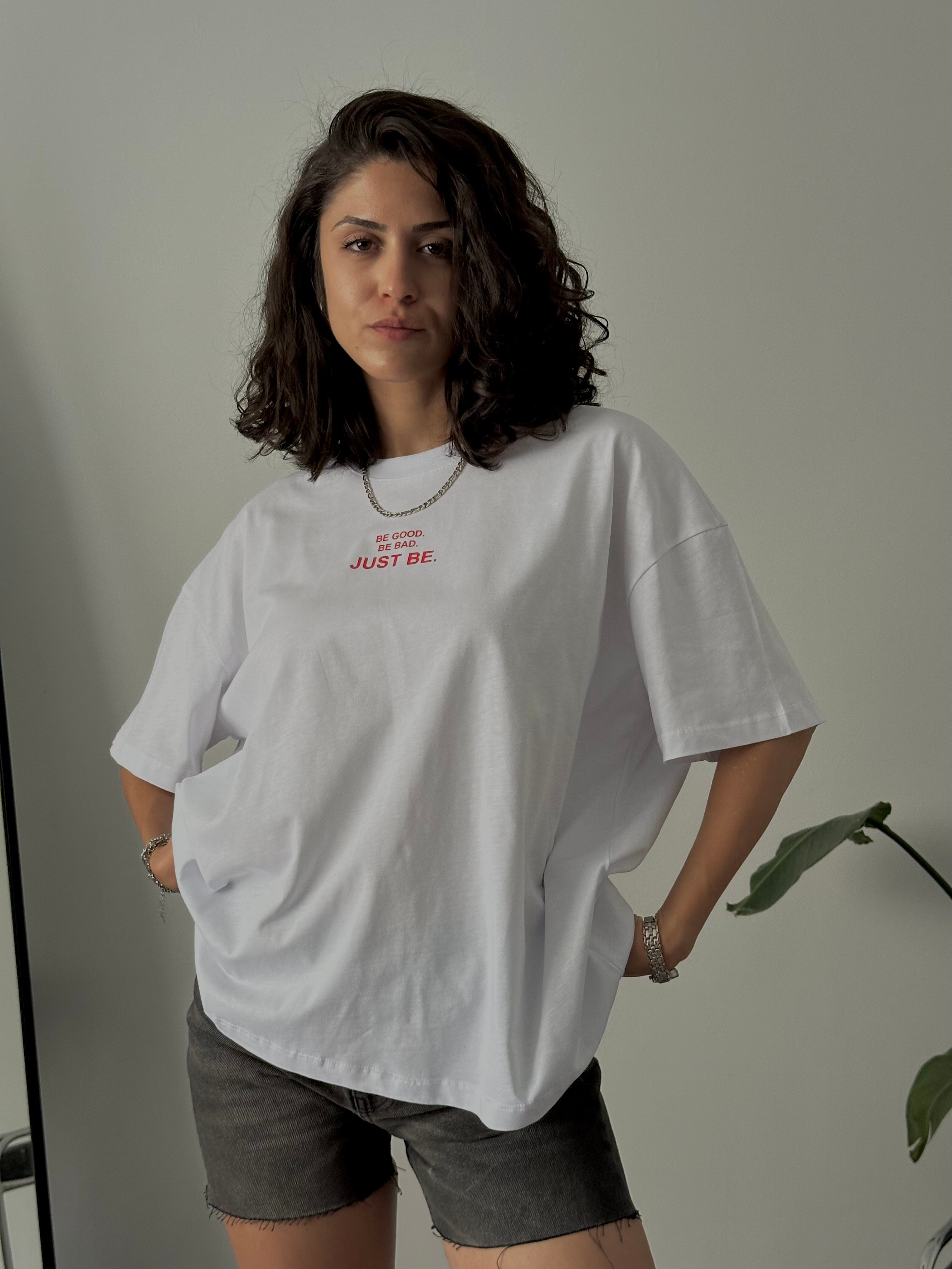 %100 Pamuk Oversize Baskılı Tişört - Beyaz