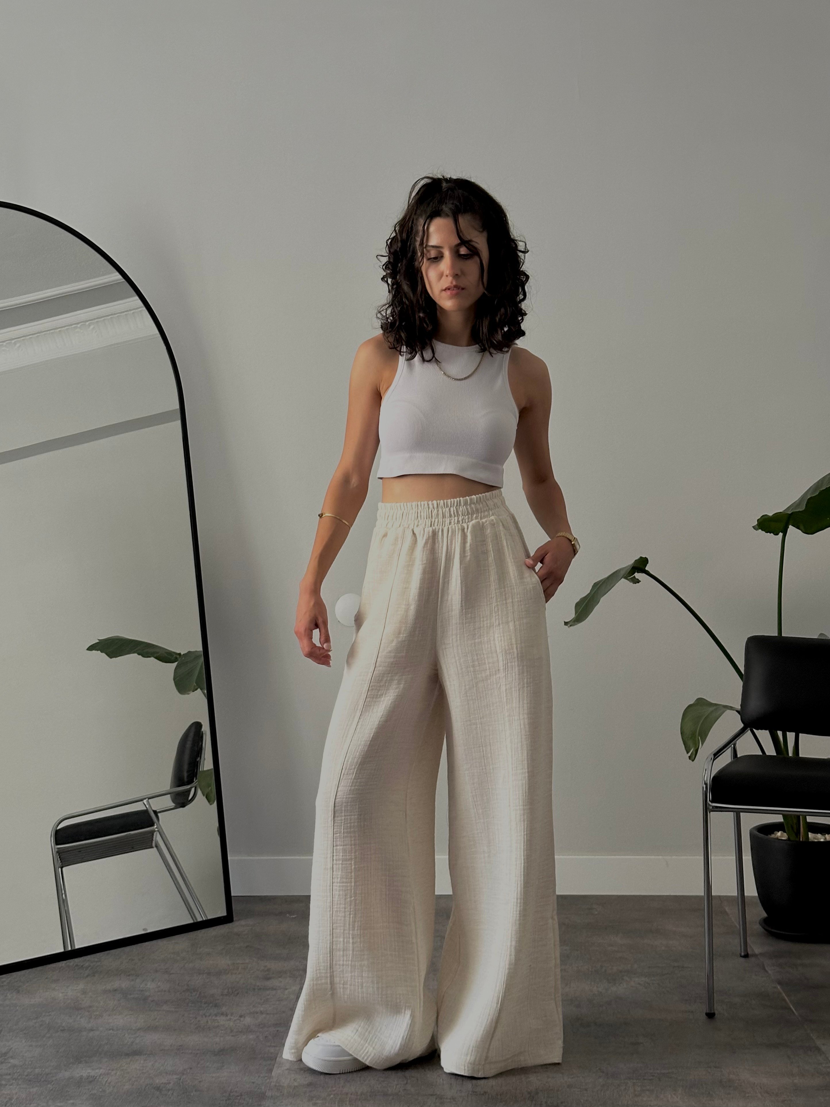 Yüksek Bel Wide Leg Müslin Pantolon - Bej