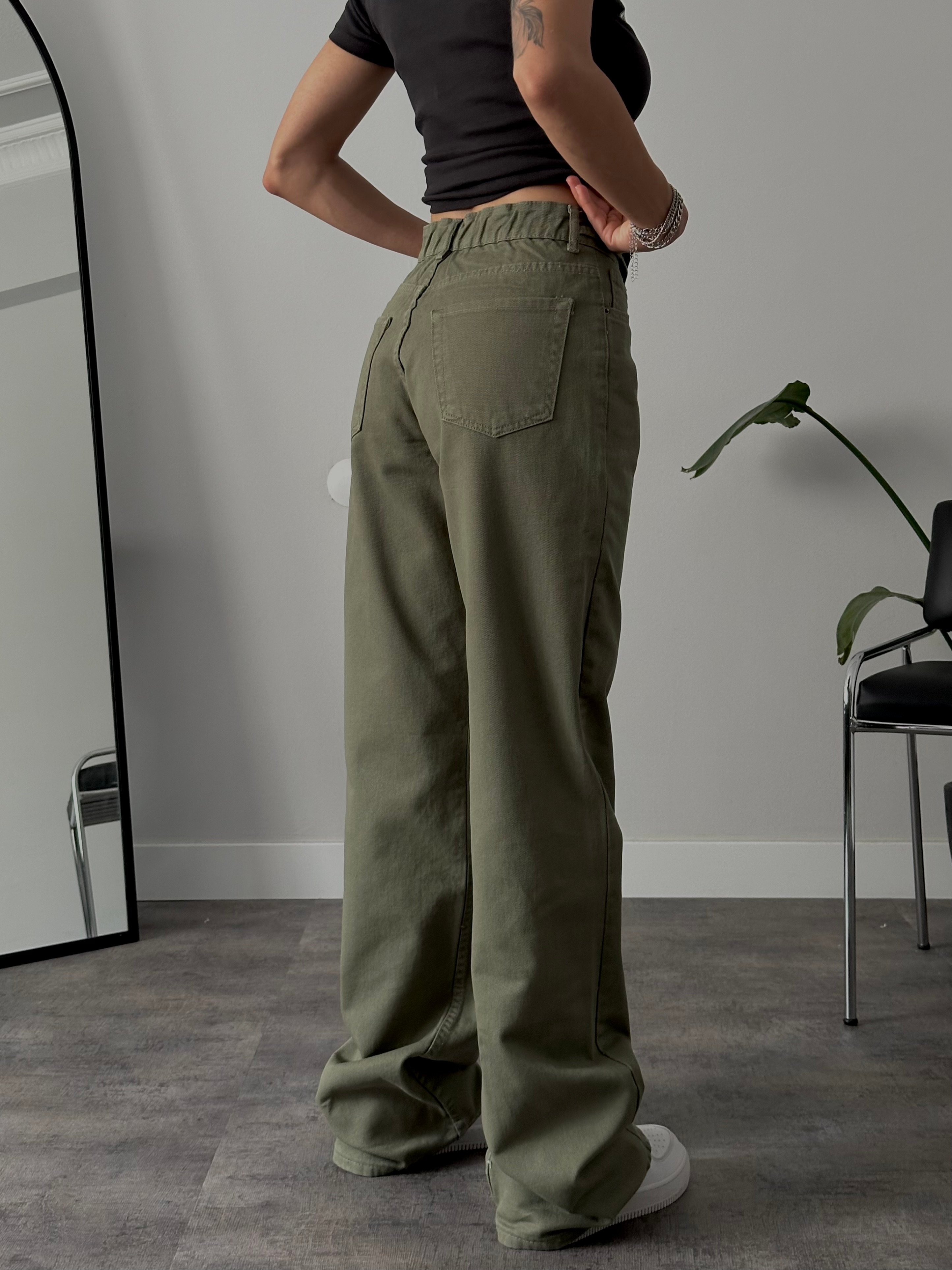 Yüksek Bel Lastikli Bağcıklı Mom Jean