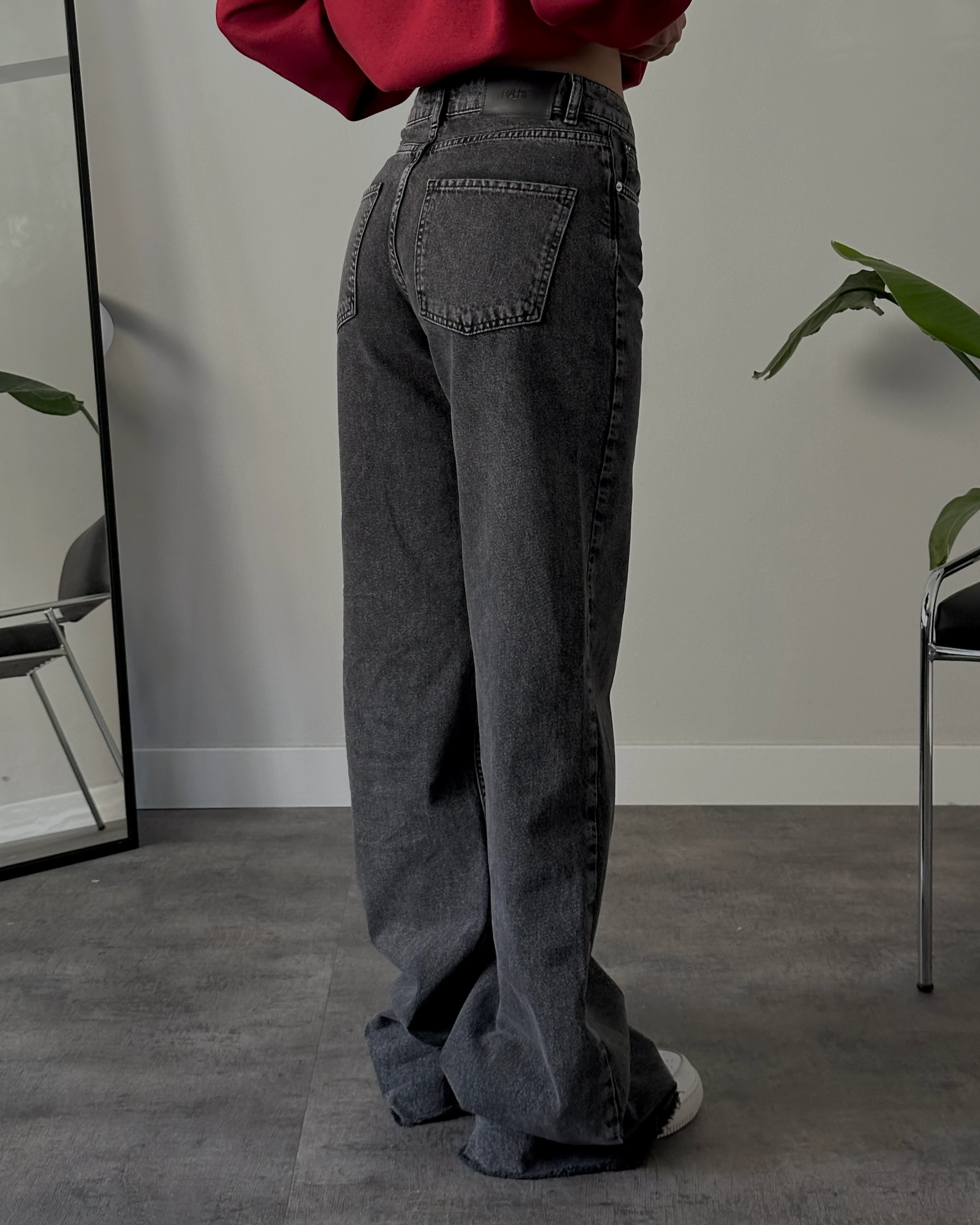 Yüksek Bel Koyu Gri Wide Leg Jean