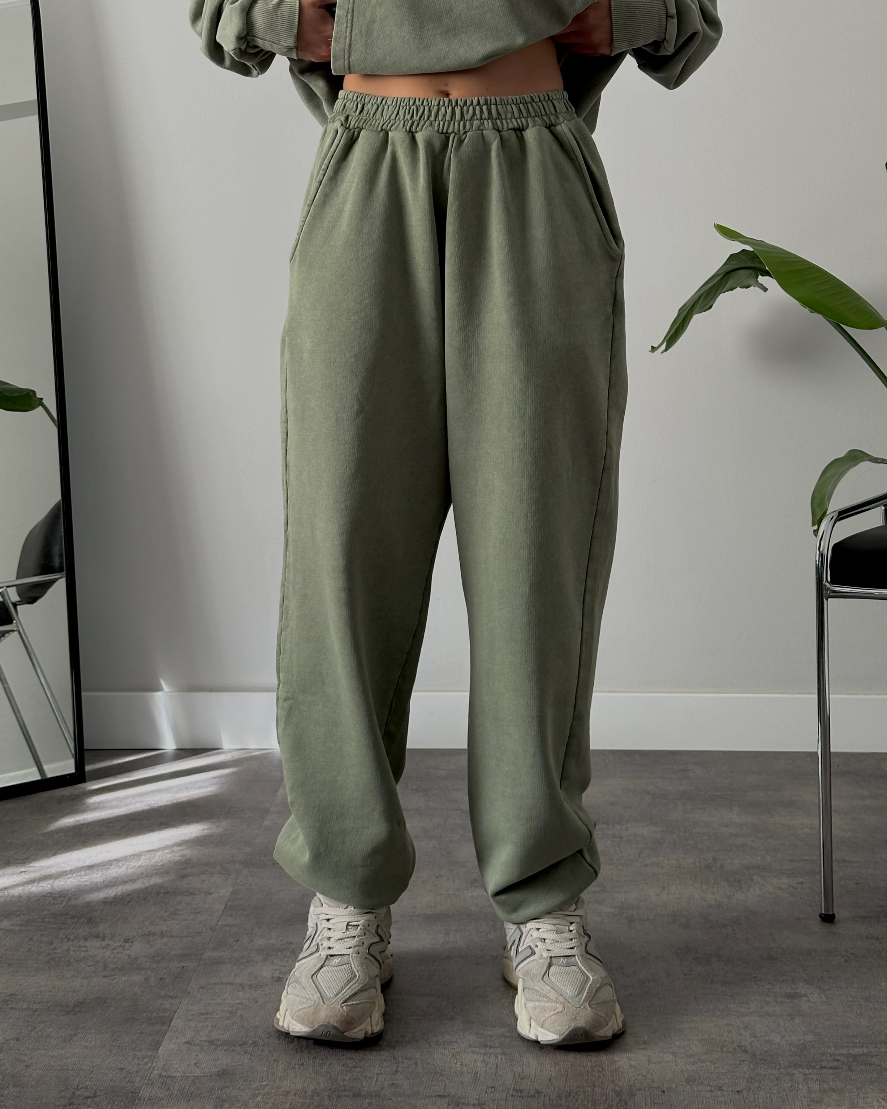 Unisex Yıkamalı Oversize 3 İplik Eşofman Takımı - Yıkamalı Haki