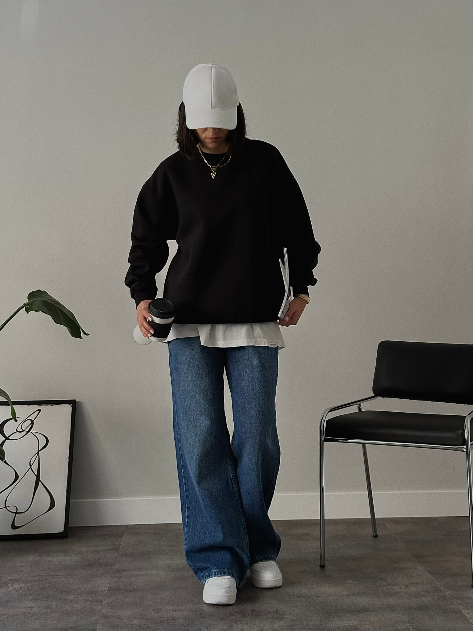 Oversize Kadın Bisiklet Yaka Basic Sweatshirt - Siyah