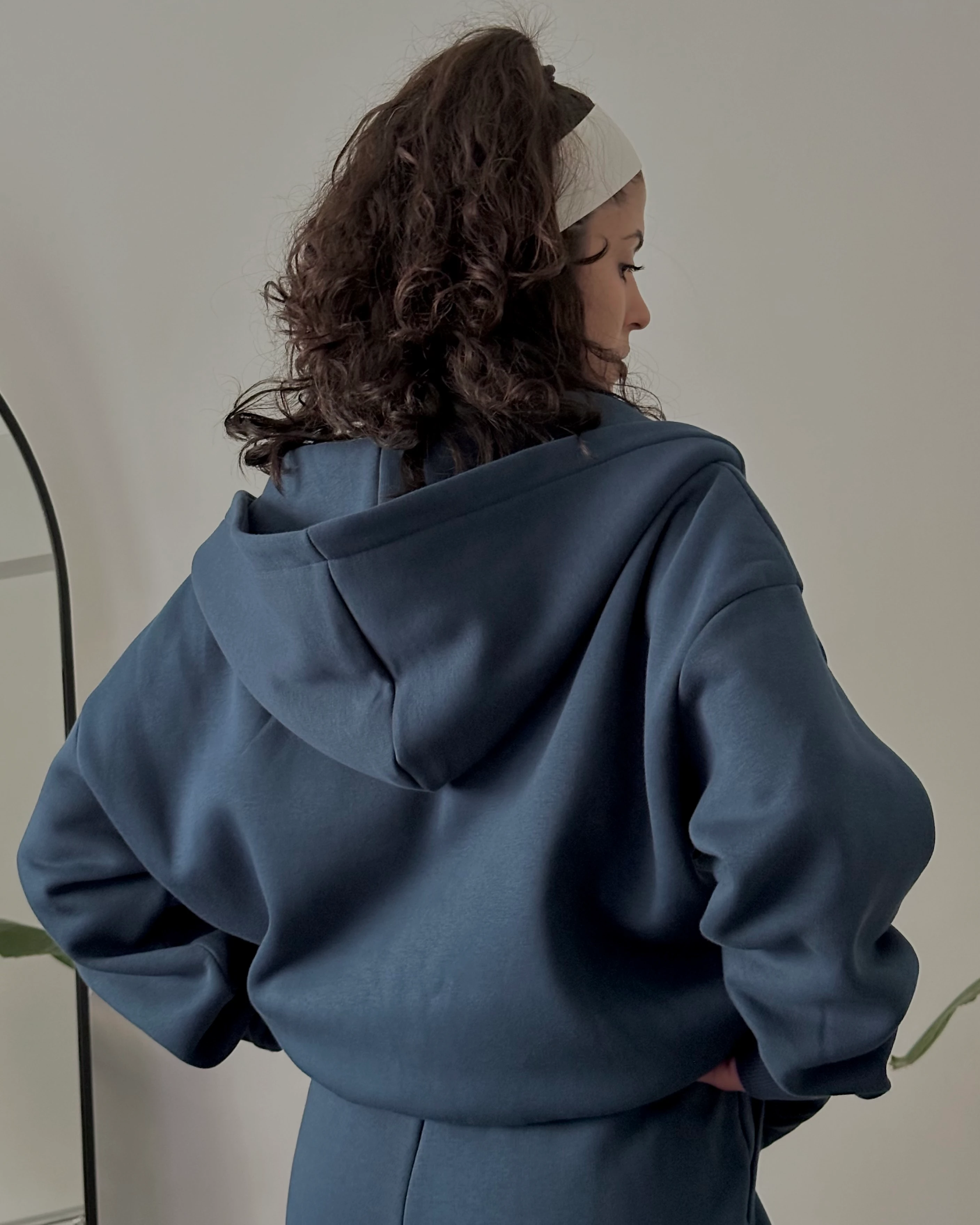 Fermuarlı Kapüşonlu Oversize Kadın Sweatshirt - İndigo