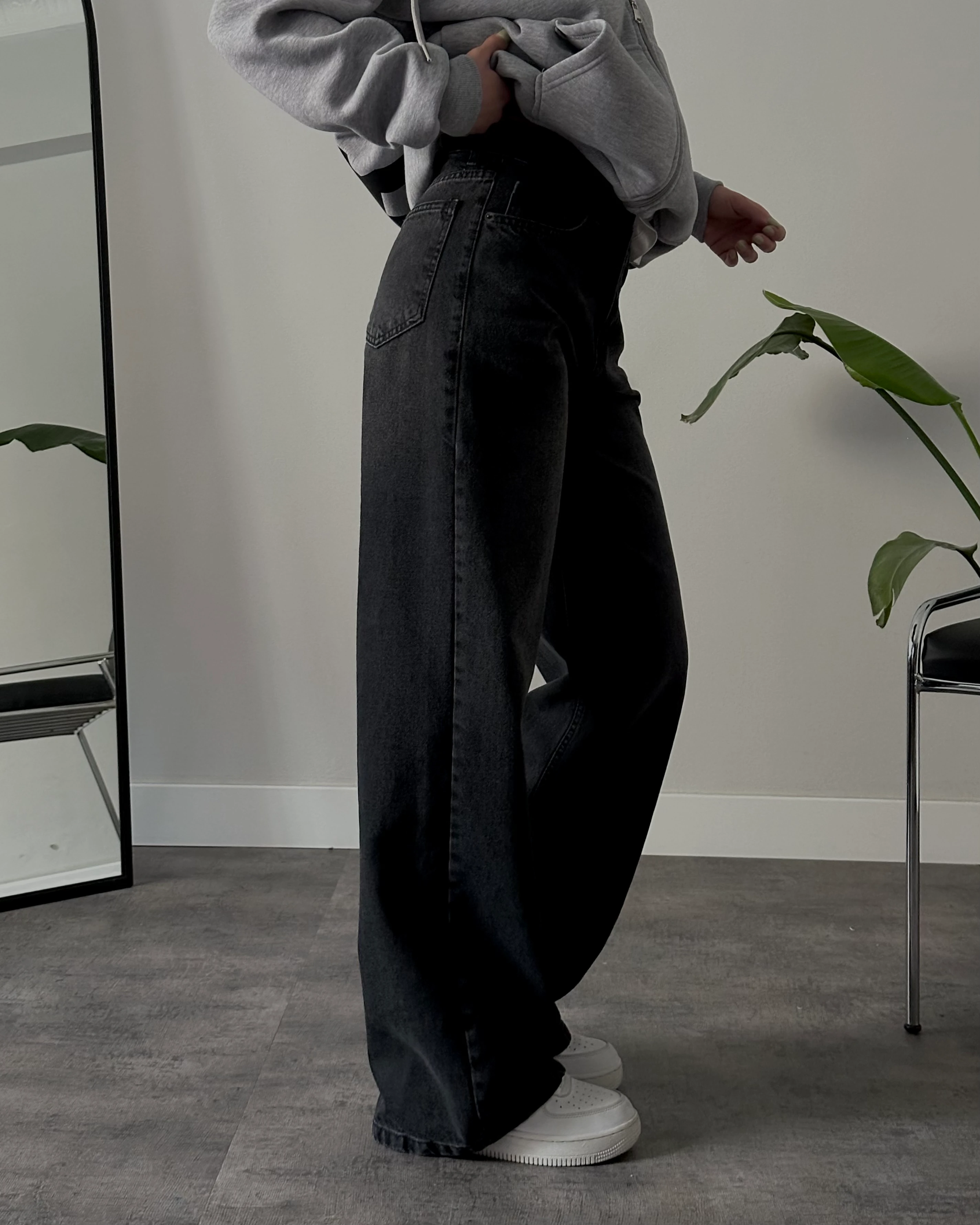 Unisex Yüksek Bel Yıkamalı Retro Baggy Jean