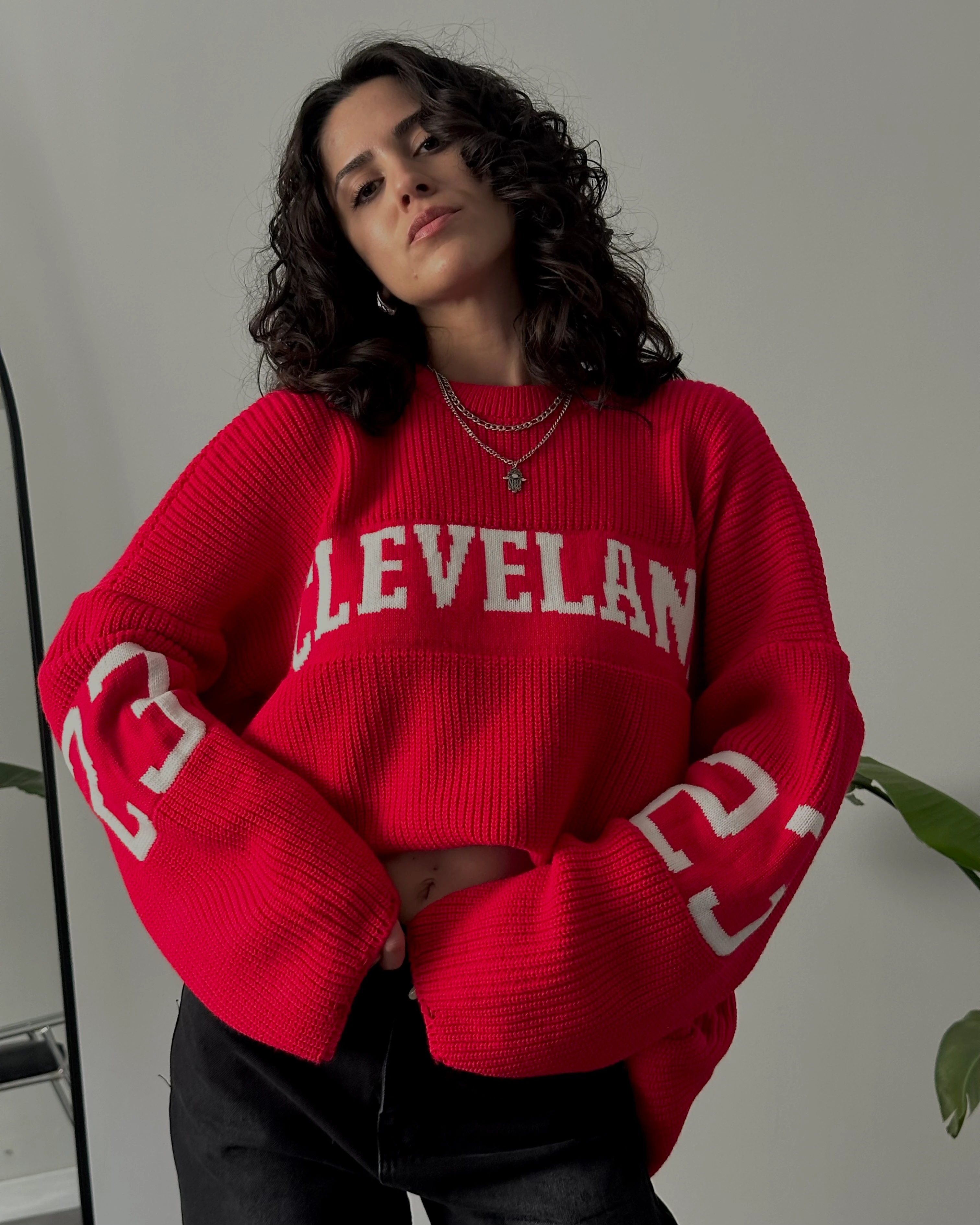 Oversize Cleveland Kolej Triko Kazak - Kırmızı