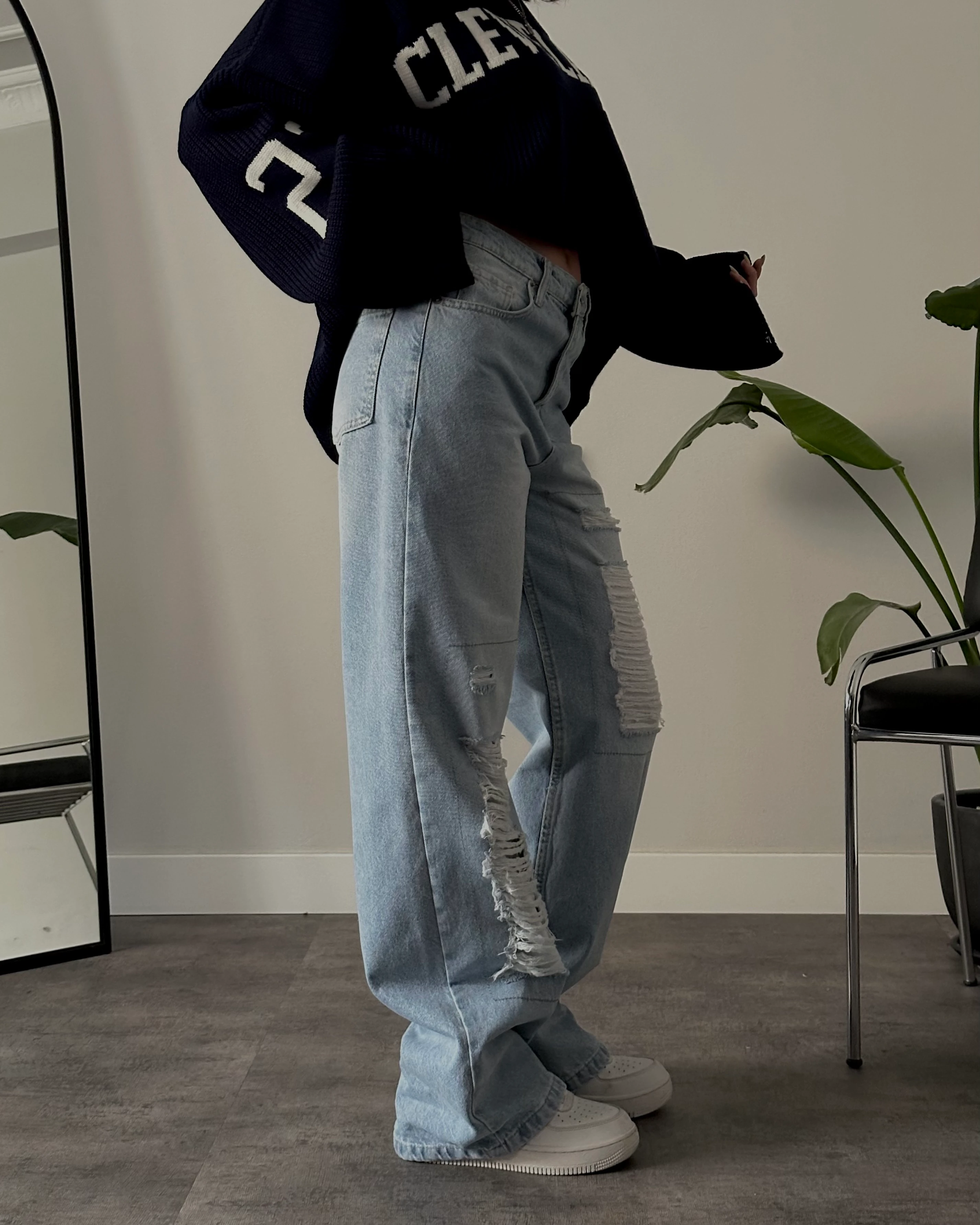 Yüksek Bel Aşırı Yırtık Baggy Jean