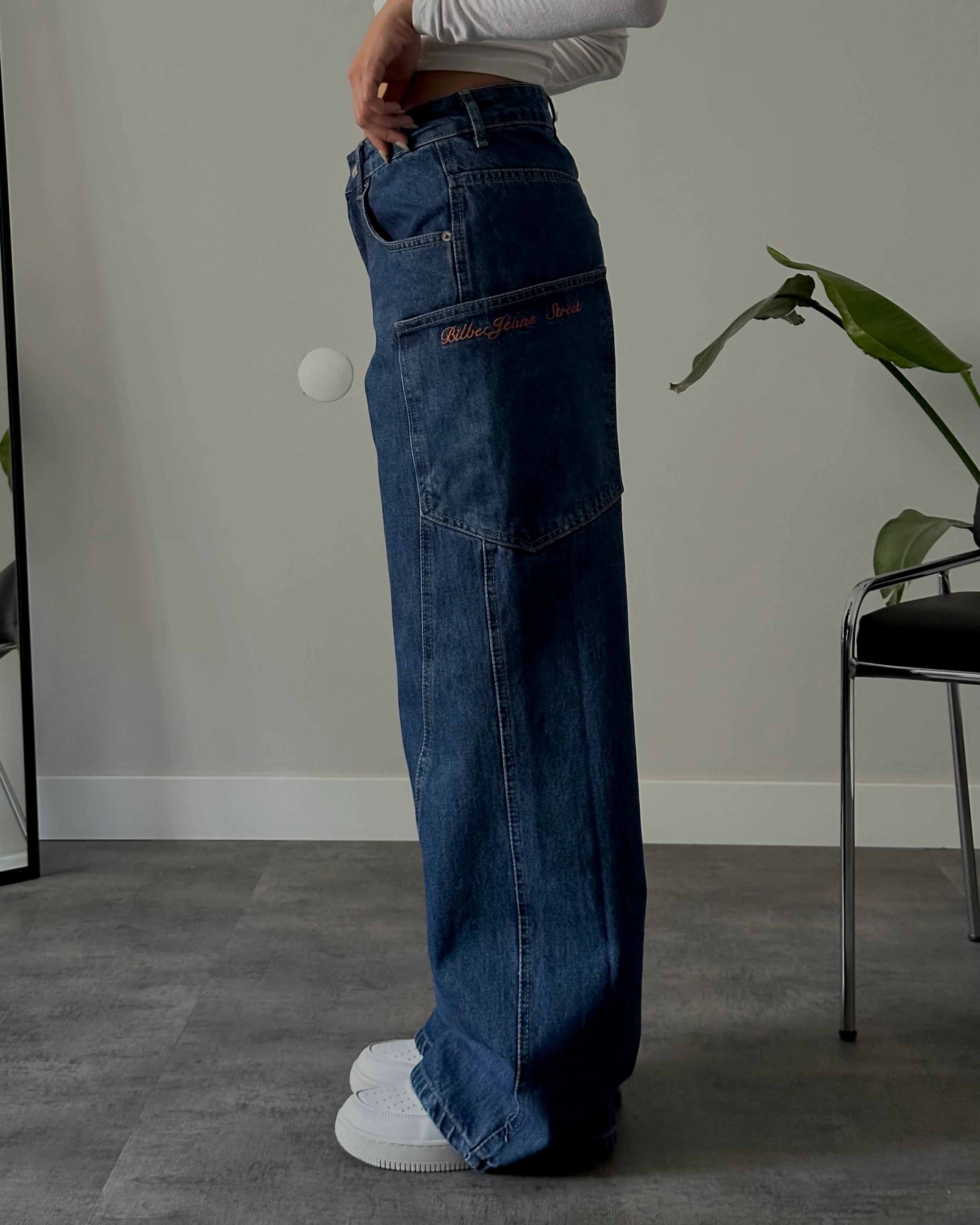 Yüksek Bel Mavi Kargo Detaylı Baggy Jean