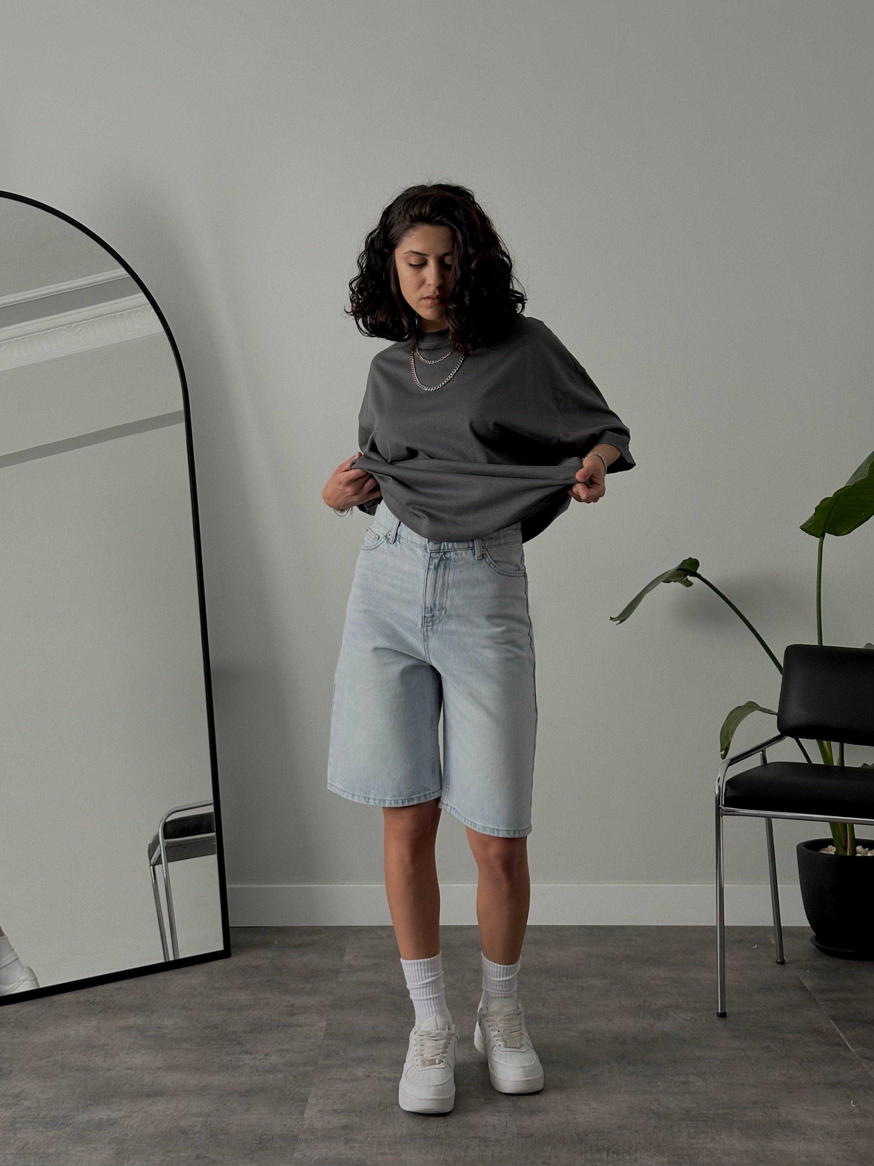 Yüksek Bel Sky Blue Straight Denim Şort