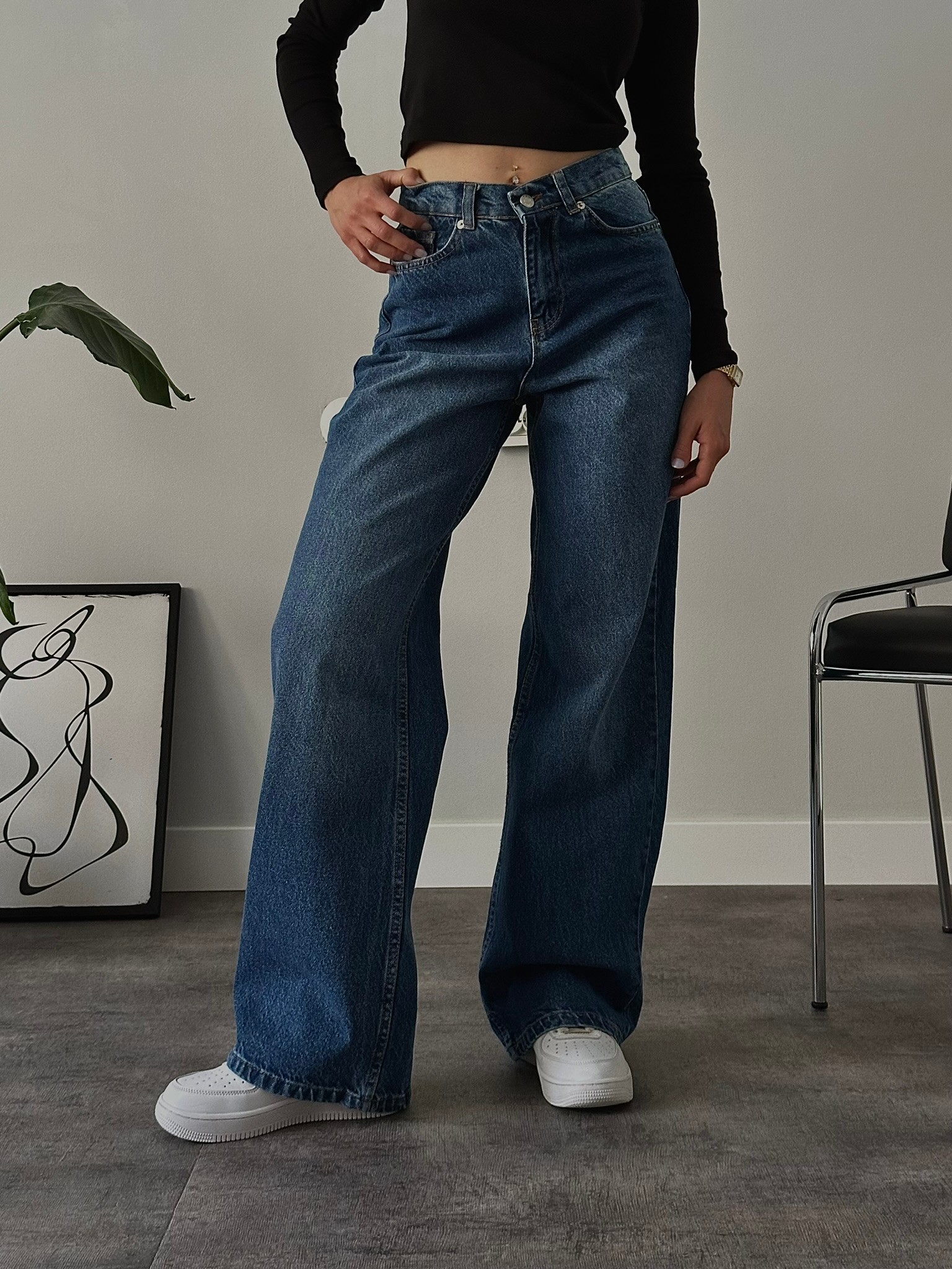 Yüksek Bel Yıkamalı Extra Wide Leg Jean - Koyu Mavi Denim