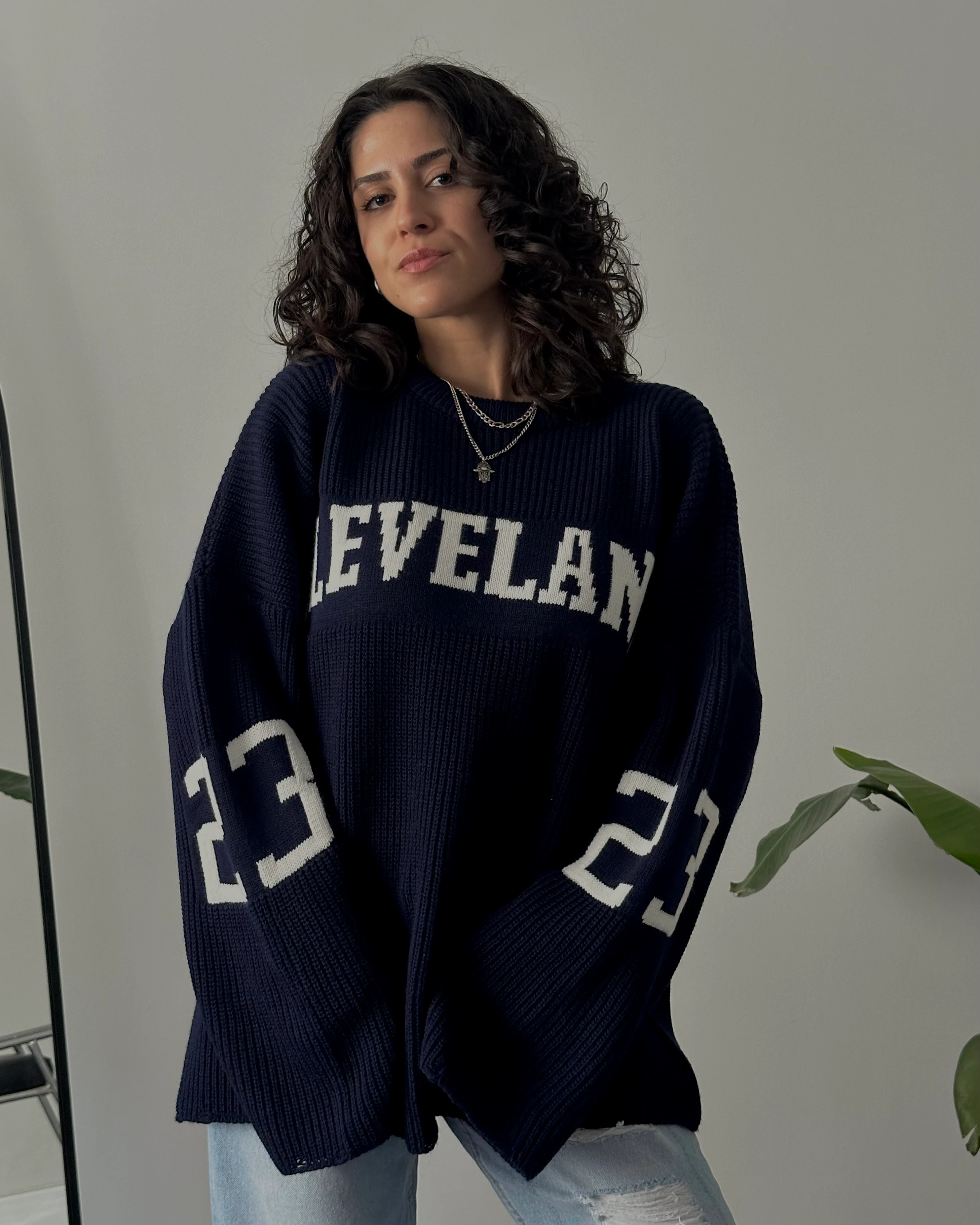 Oversize Cleveland Kolej Triko Kazak - Lacivert