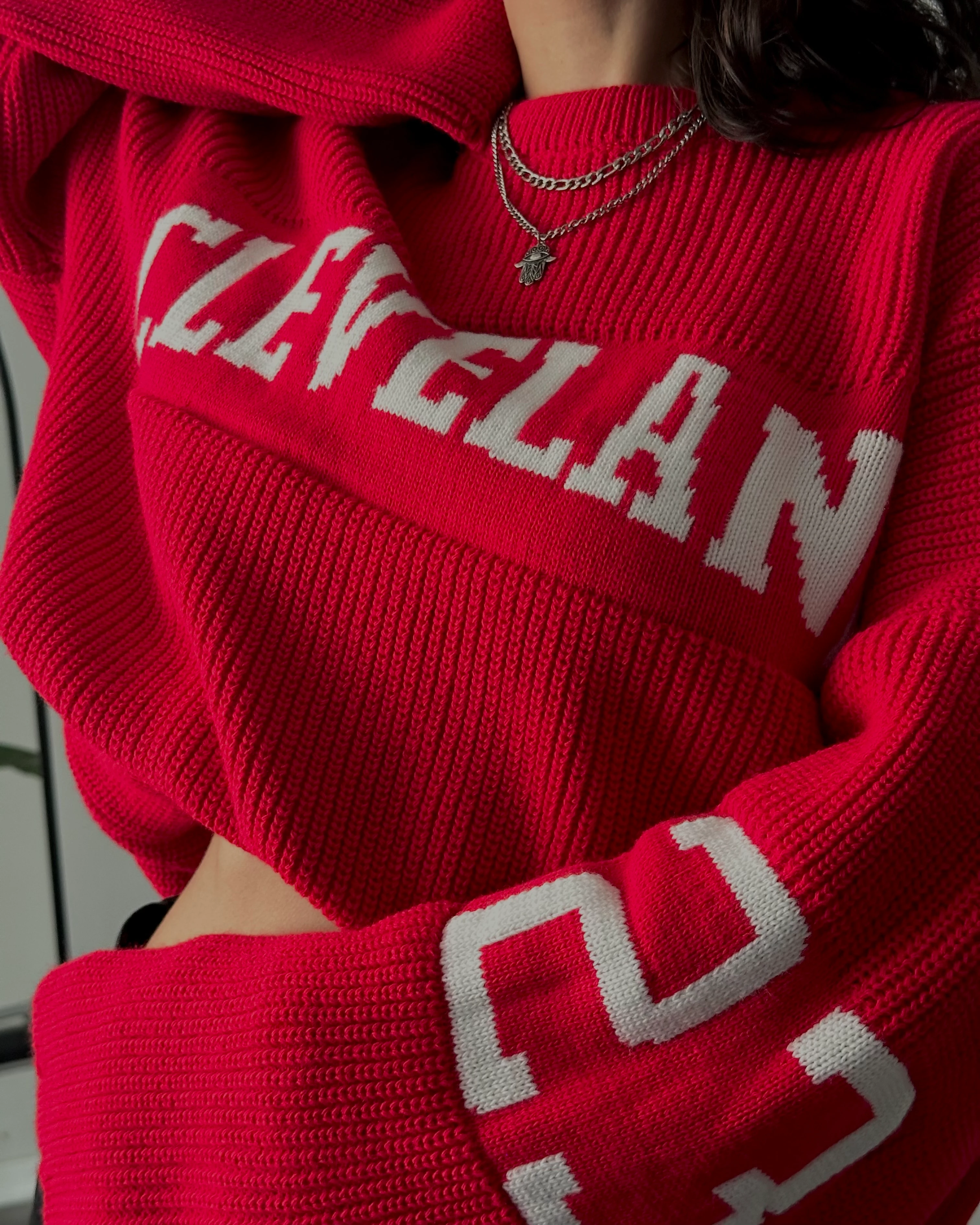 Oversize Cleveland Kolej Triko Kazak - Kırmızı