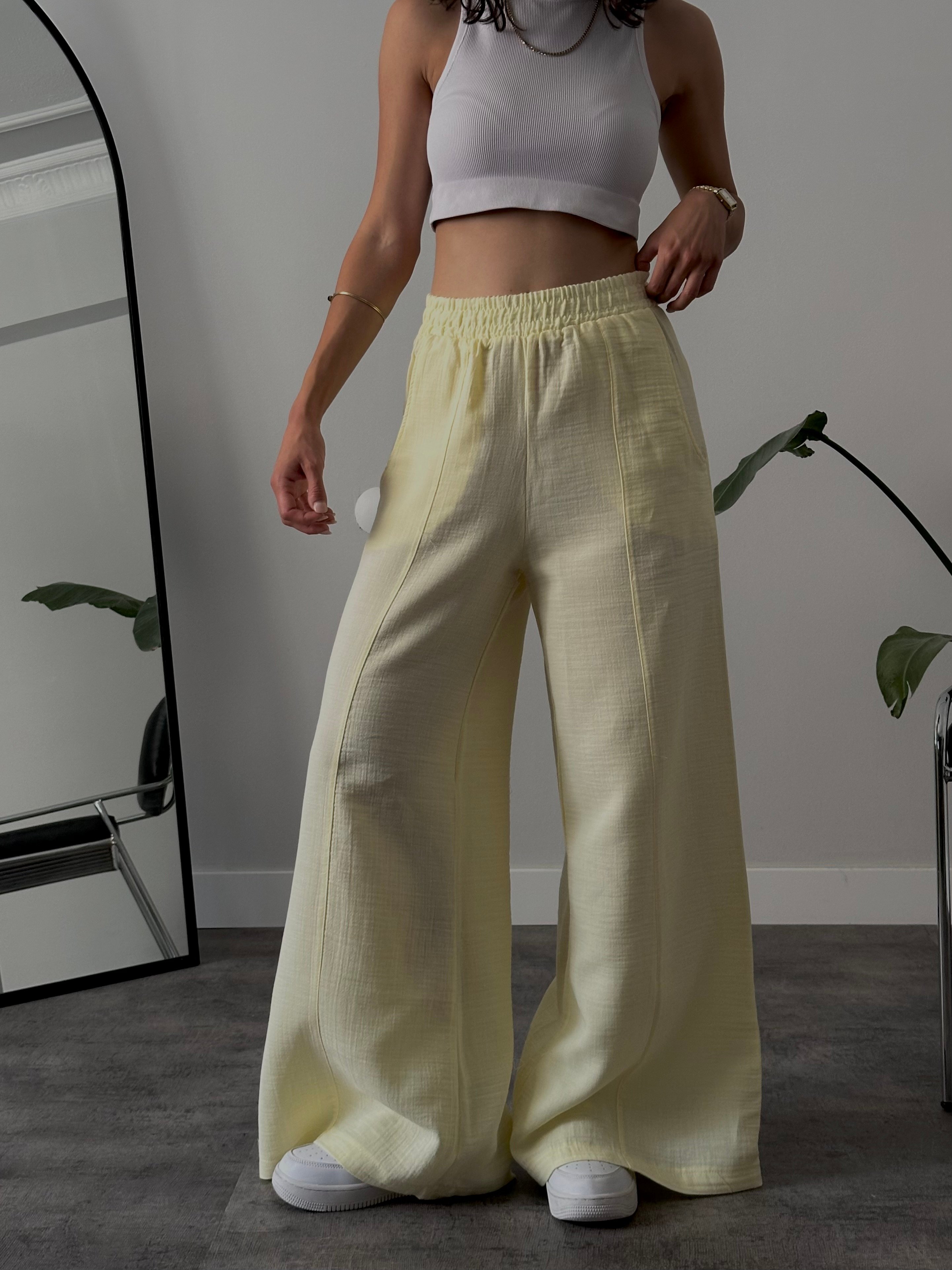 Yüksek Bel Wide Leg Müslin Pantolon - Sarı