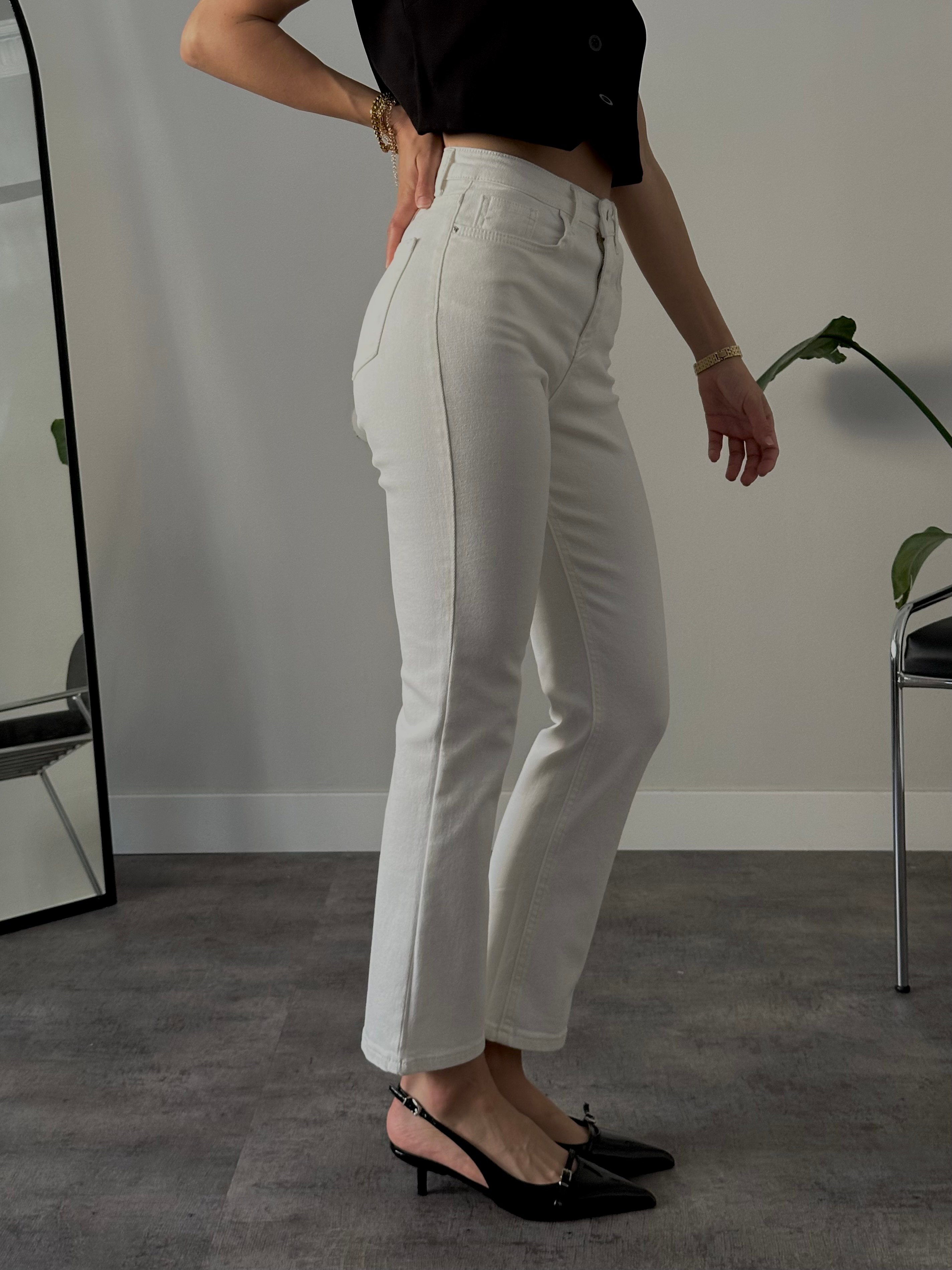 Yüksek Bel Vintage Straight Fit Beyaz Jean