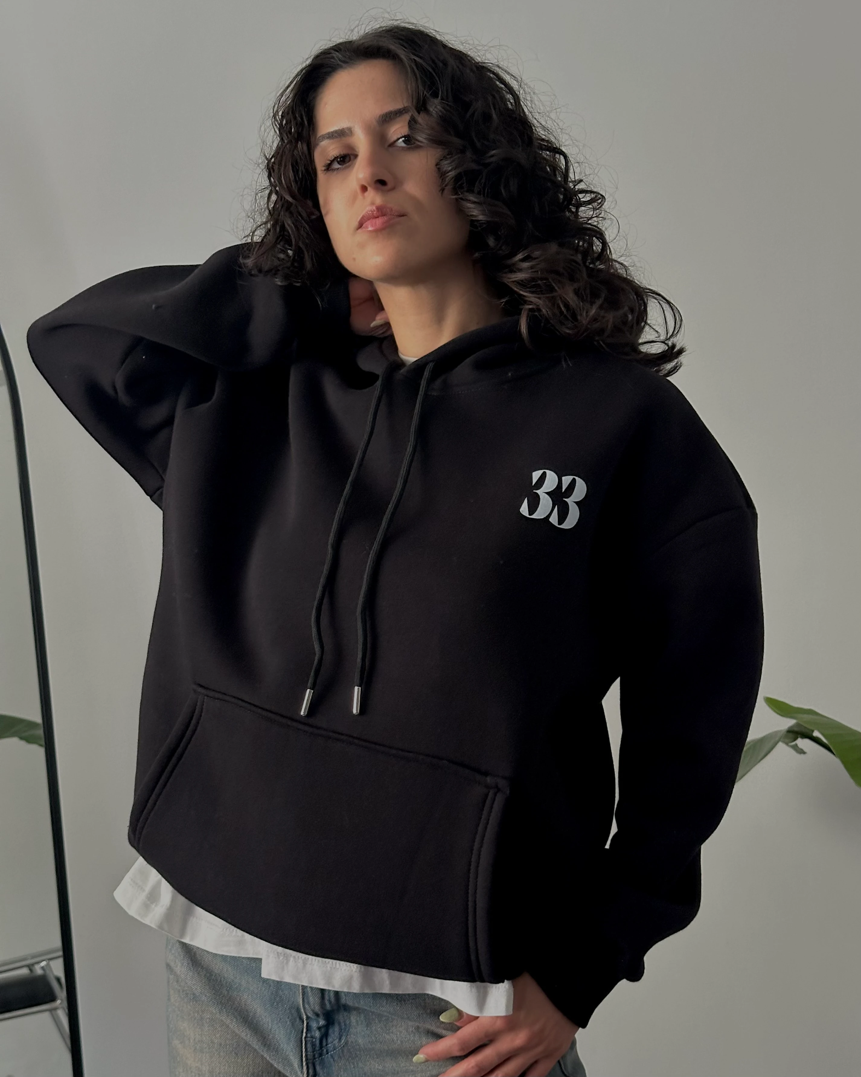 33 Baskılı Siyah Oversize Kapüşonlu Sweathsirt