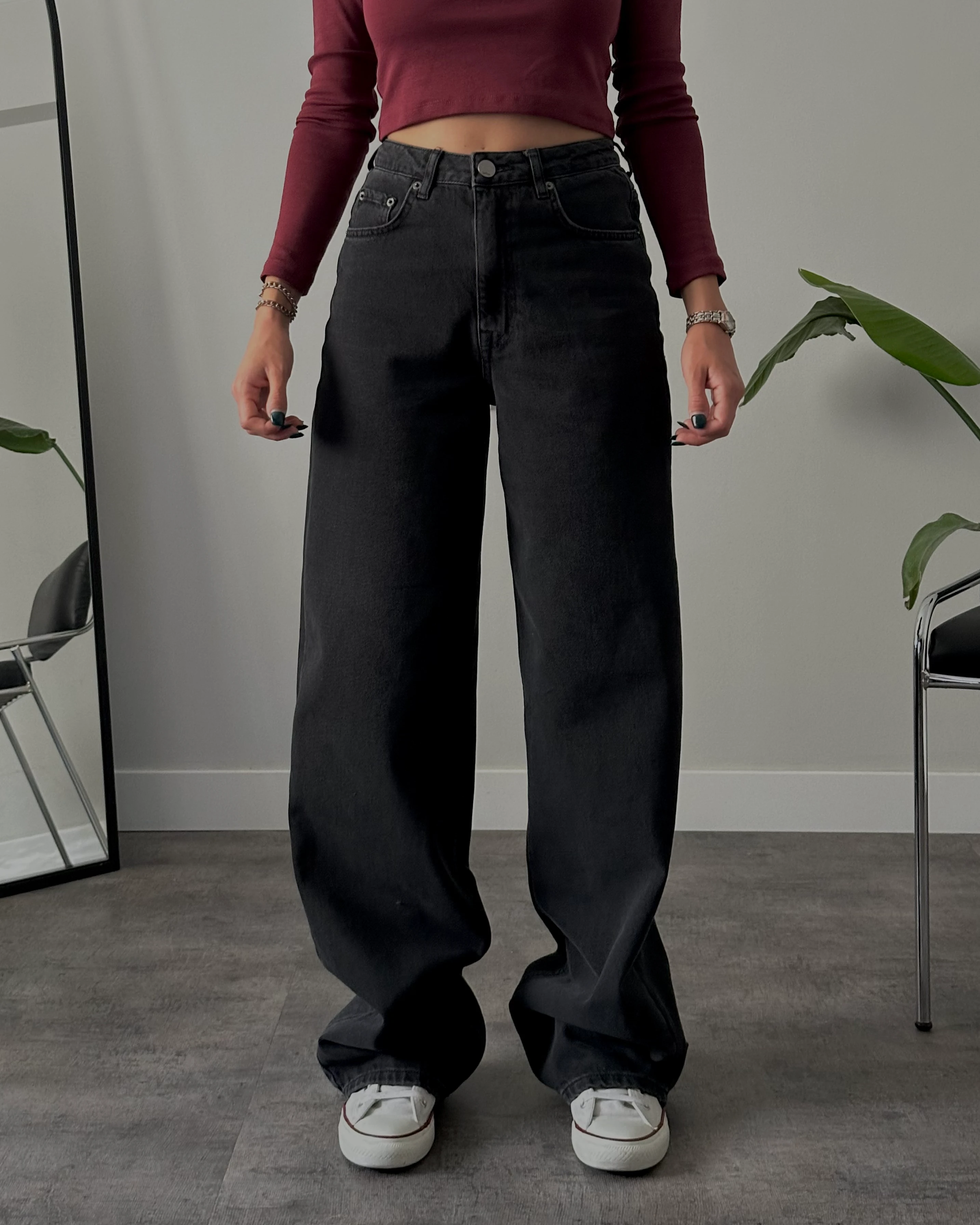 Yüksek Bel Hafif Yıkamalı Siyah Baggy Jean