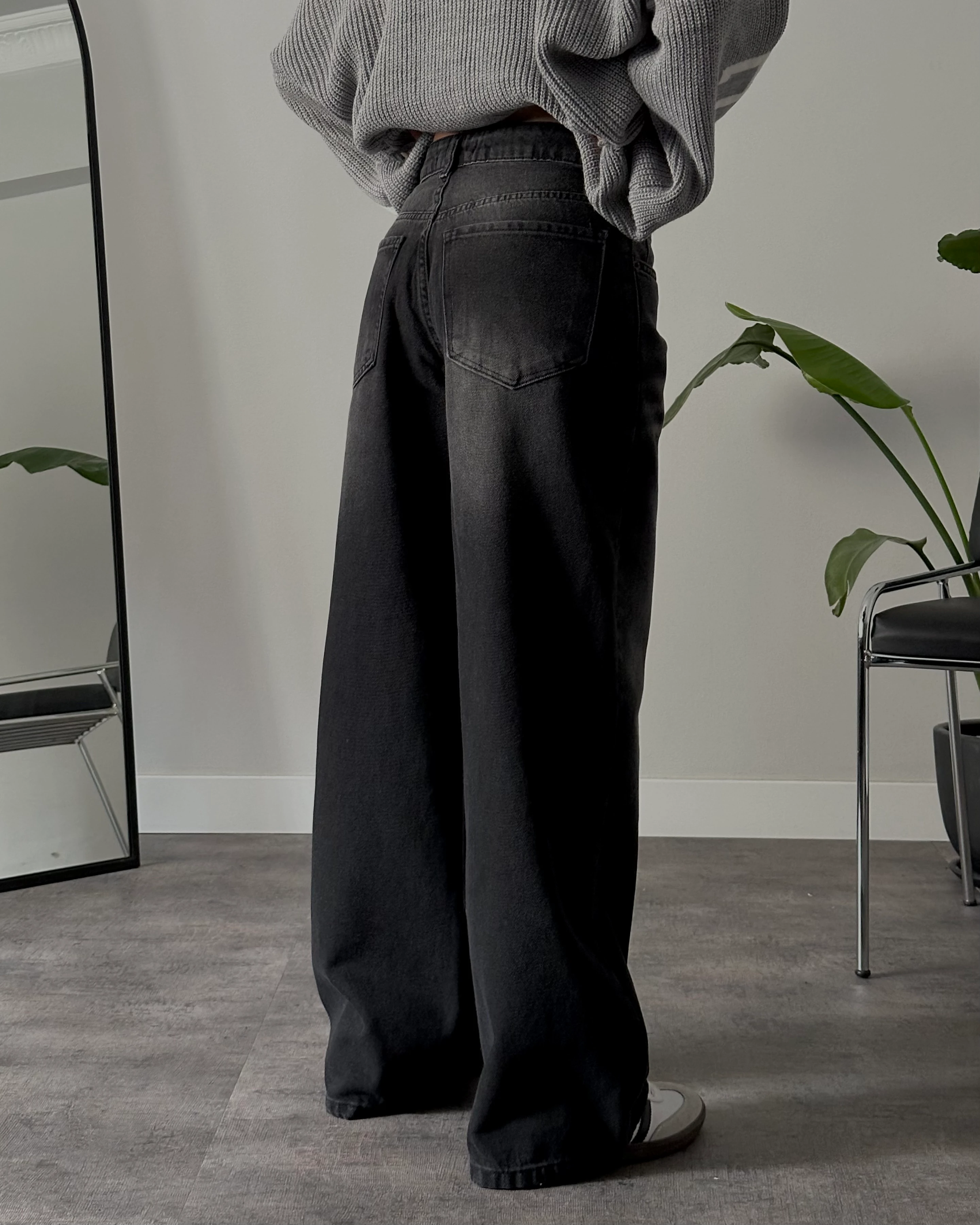 Unisex Yüksek Bel Kahverengi Yıkamalı Retro Baggy Jean