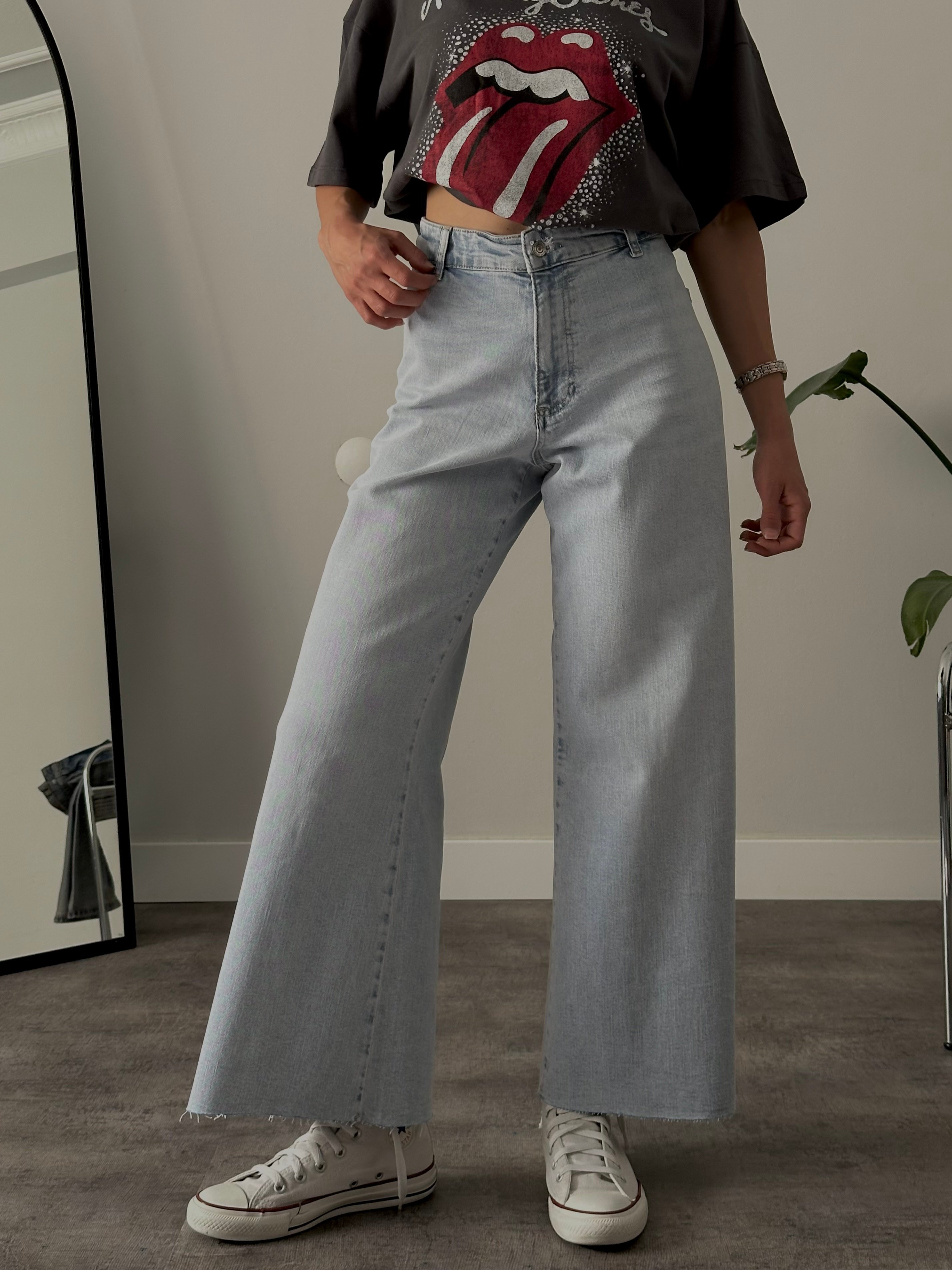 Yüksek Bel Wide Leg Jean - Buz Mavi Denim