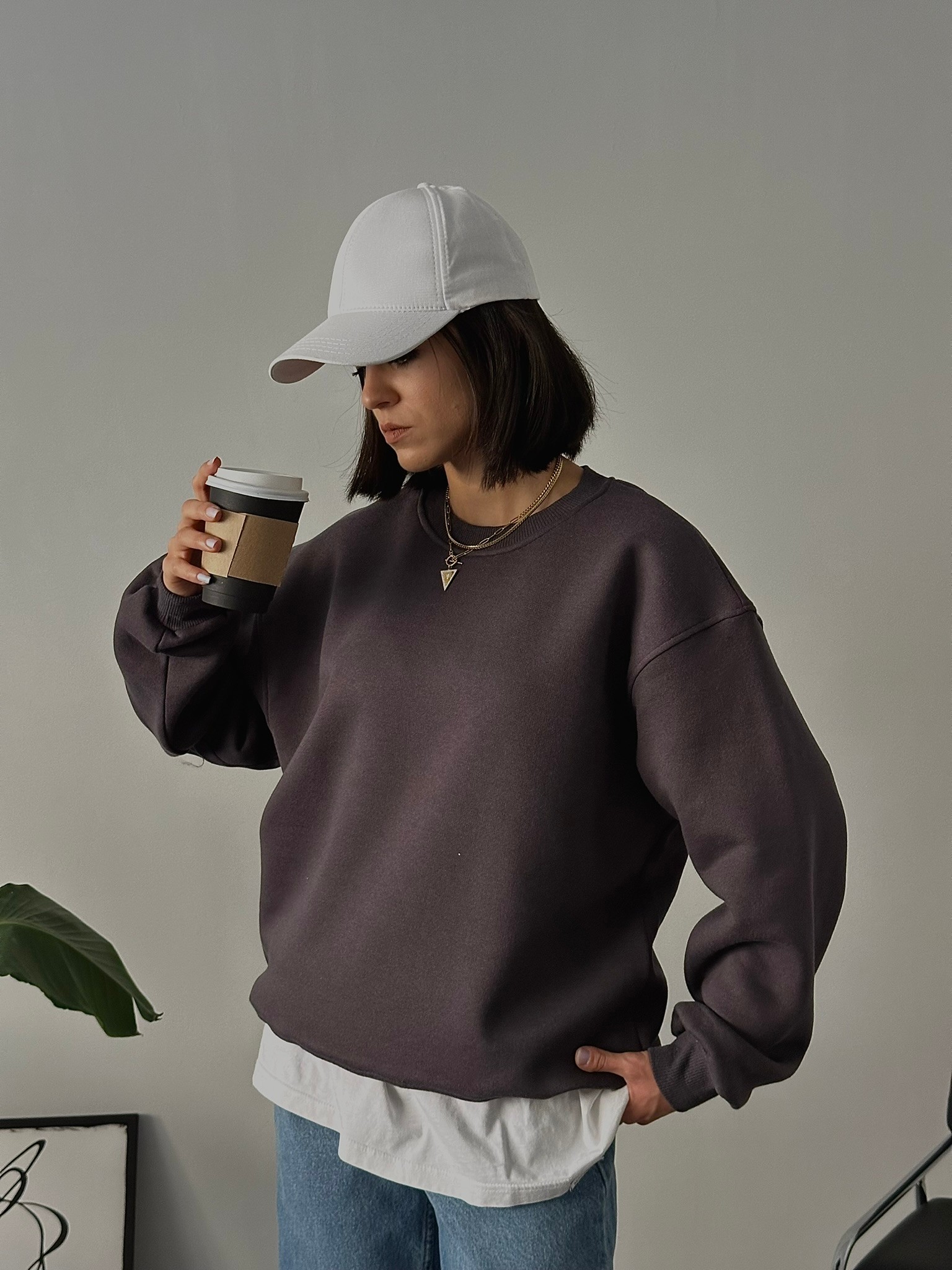 Oversize Kadın Bisiklet Yaka Basic Sweatshirt - Antrasit