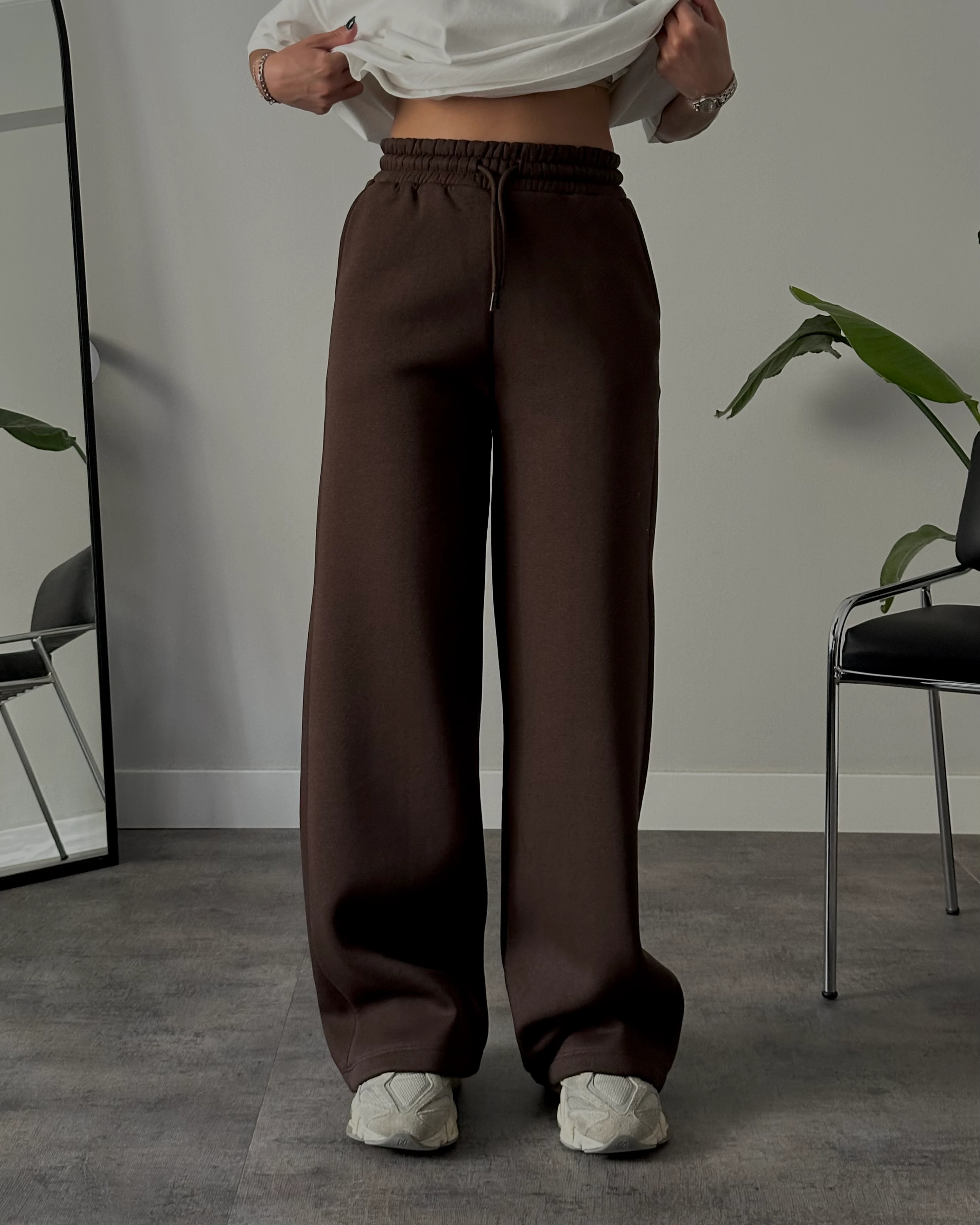 Yüksek Bel Şardonlu Rahat Kalıp Eşofman Altı - Kahverengi