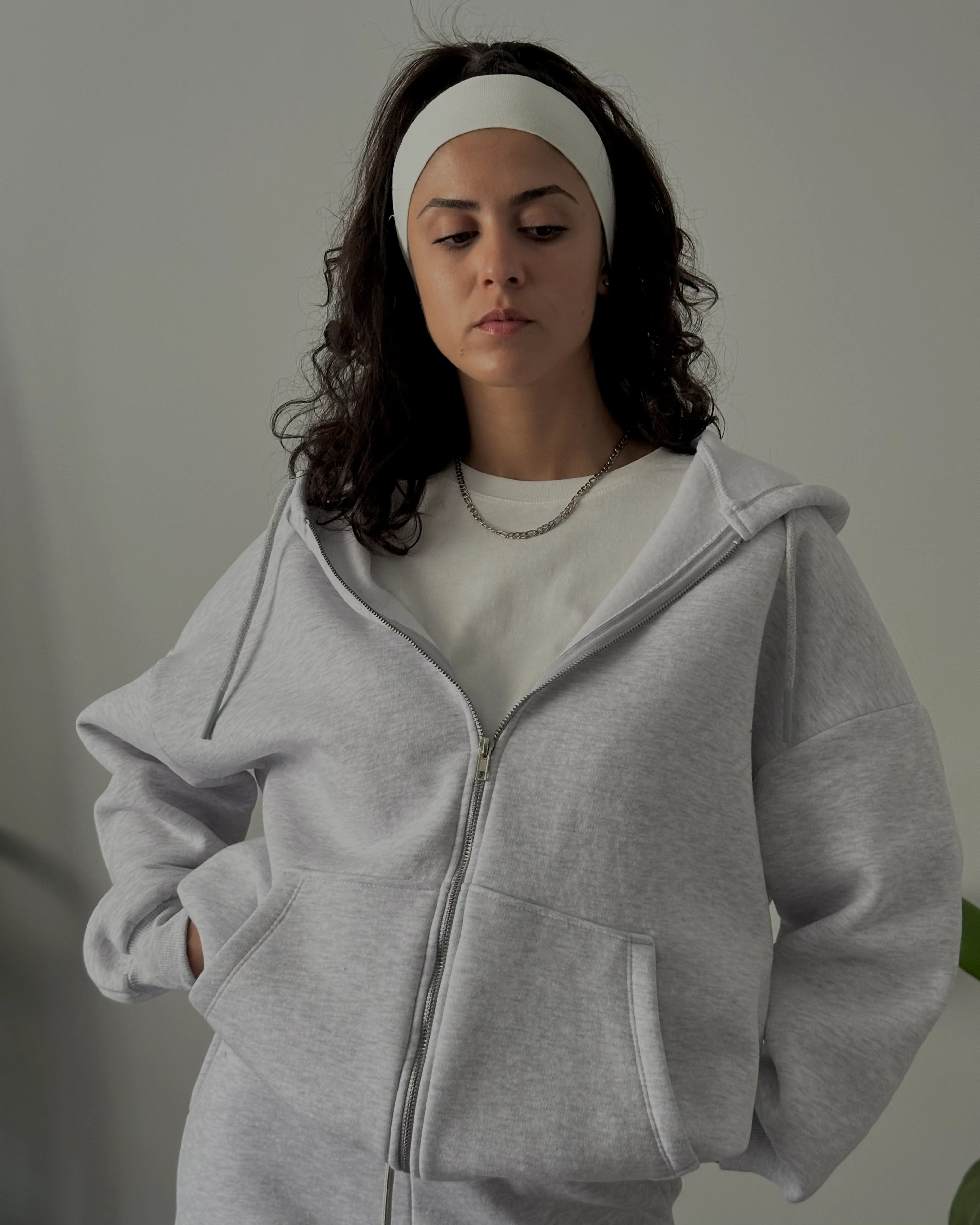 Fermuarlı Kapüşonlu Oversize Sweatshirt - Gri