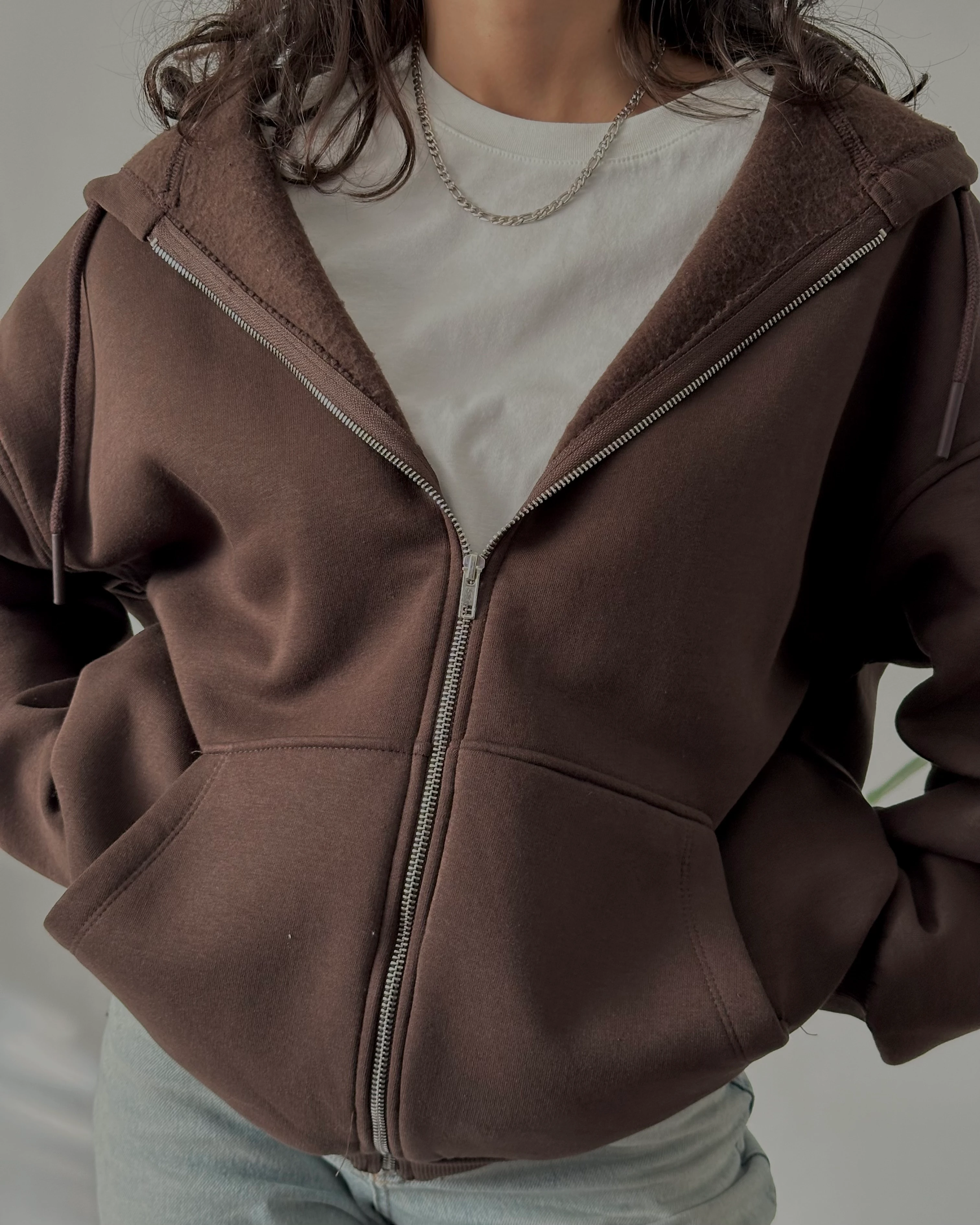 Fermuarlı Kapüşonlu Oversize Sweatshirt - Kahverengi