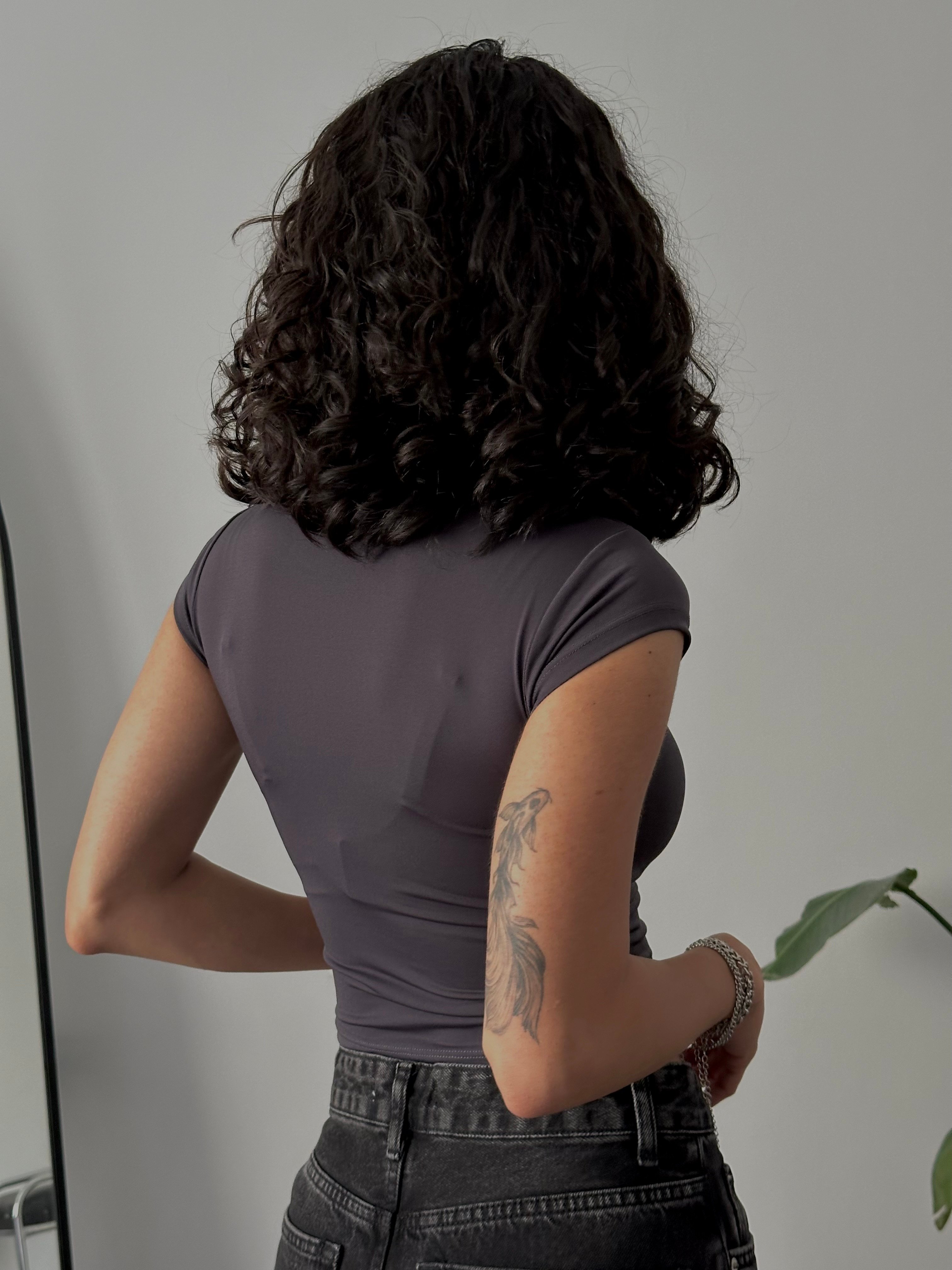 Slim Fit Basic Kısa Kollu Crop  - Antrasit