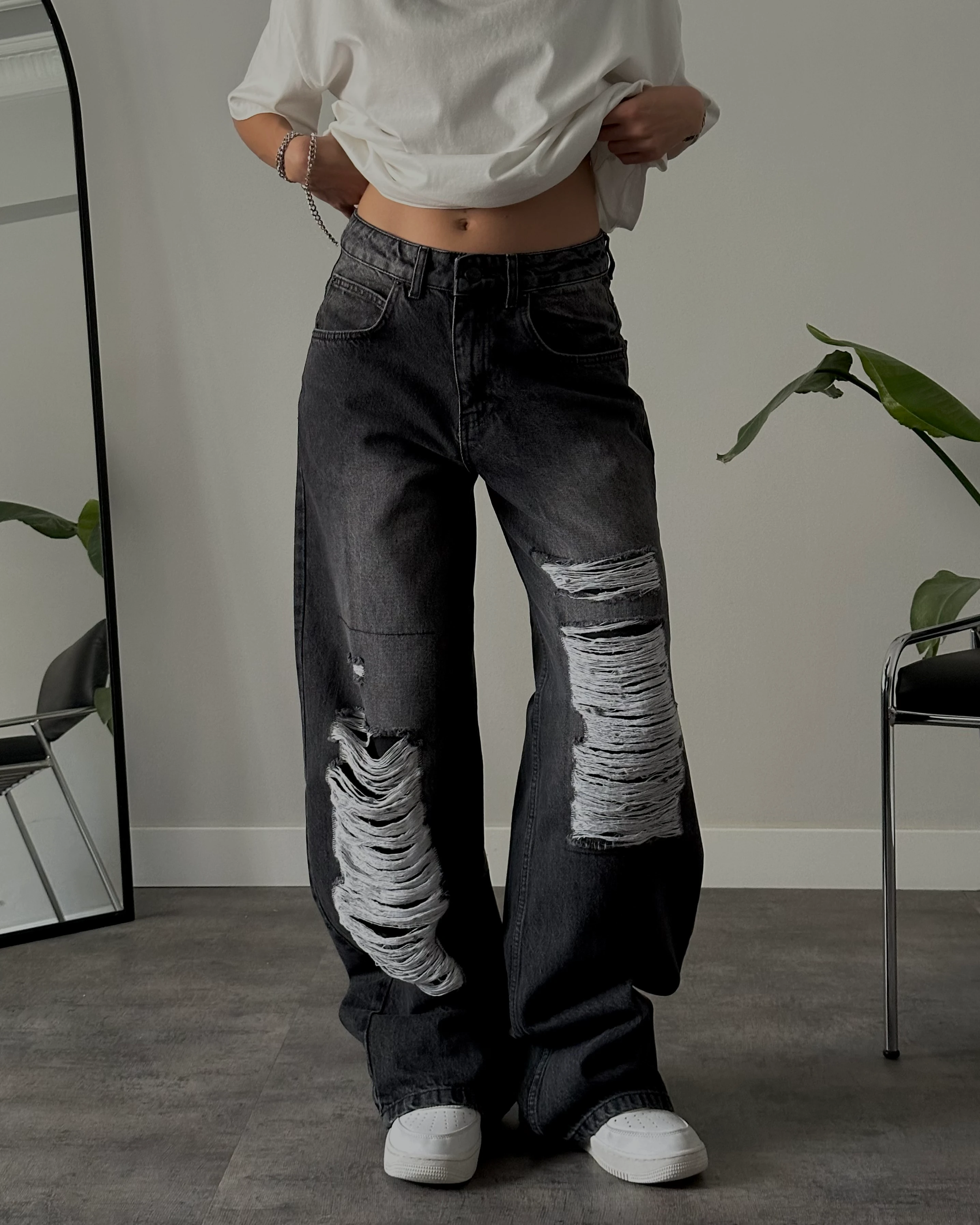 Yüksek Bel Siyah Aşırı Yırtık Baggy Jean