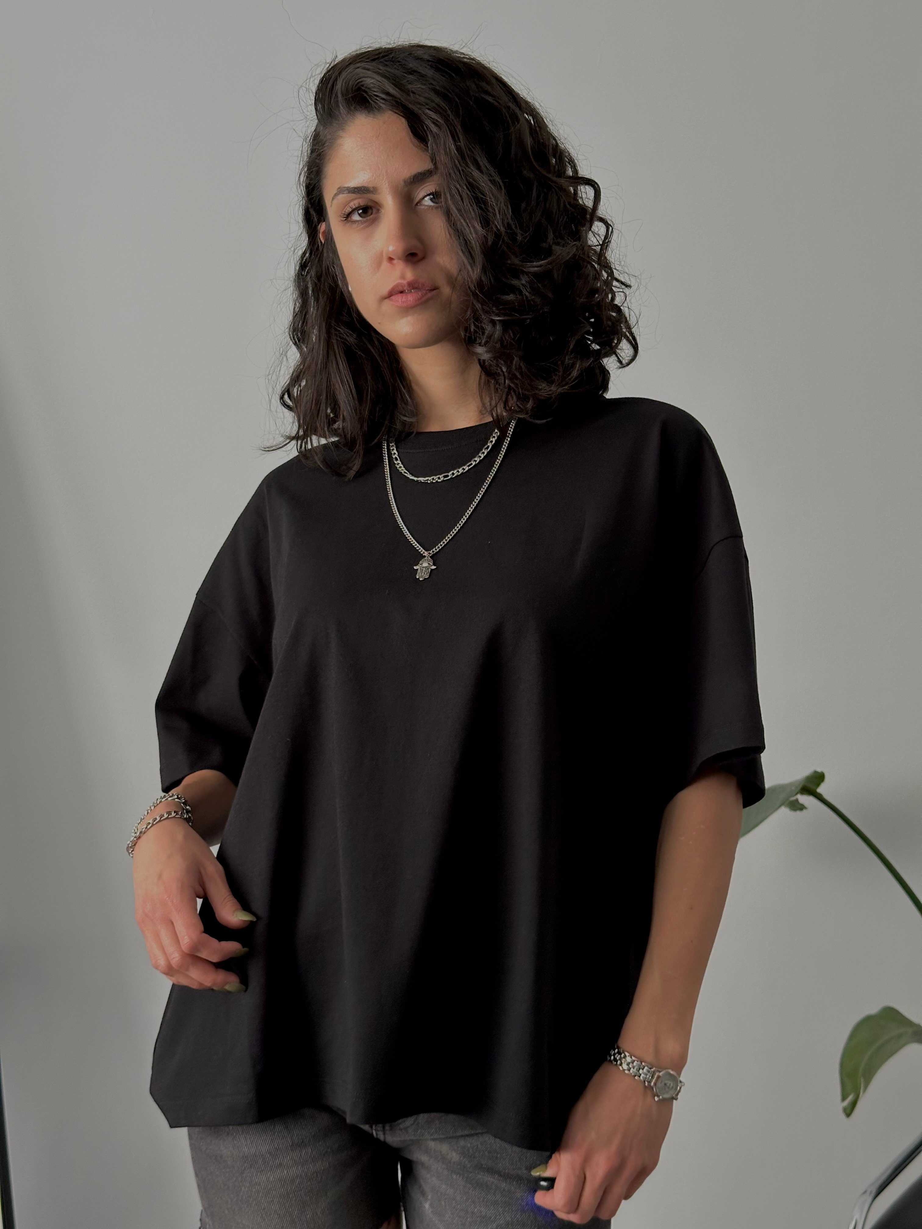 %100 Pamuk Oversize Basic Tişört - Siyah
