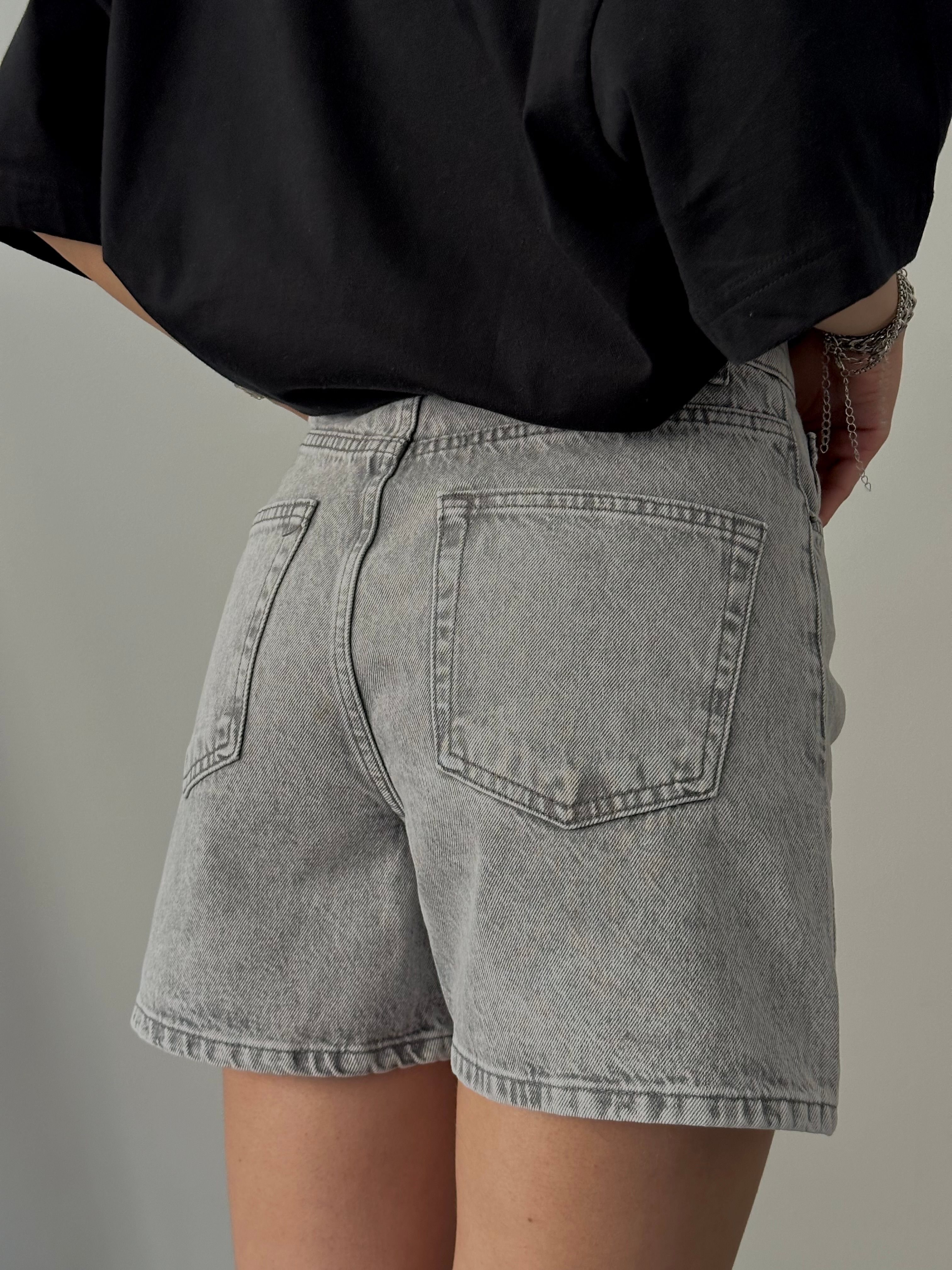 Yüksek Bel Mom Denim Şort - Gri Denim
