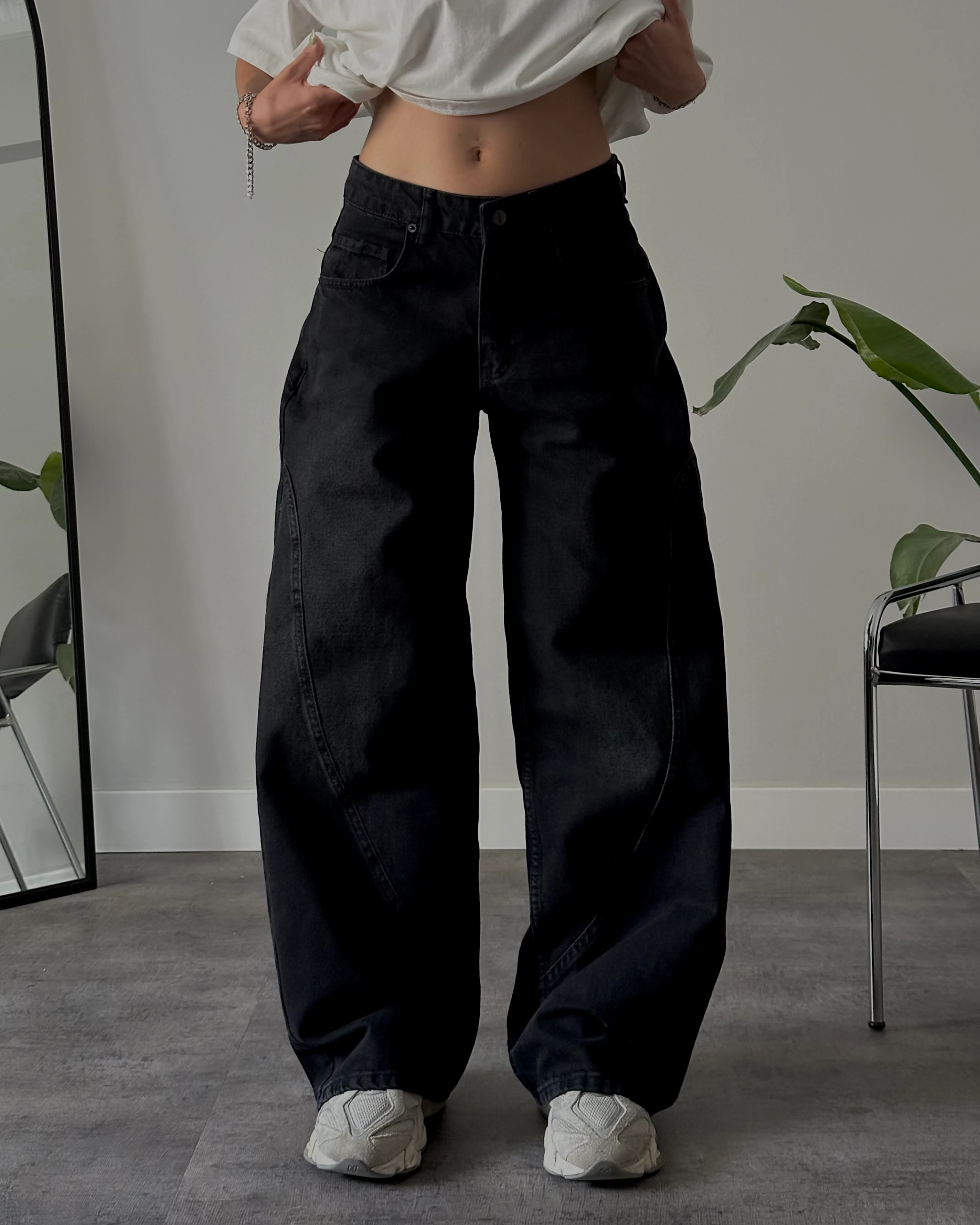 Yüksek Bel Siyah Kavis Dikişli Retro Baggy Jean