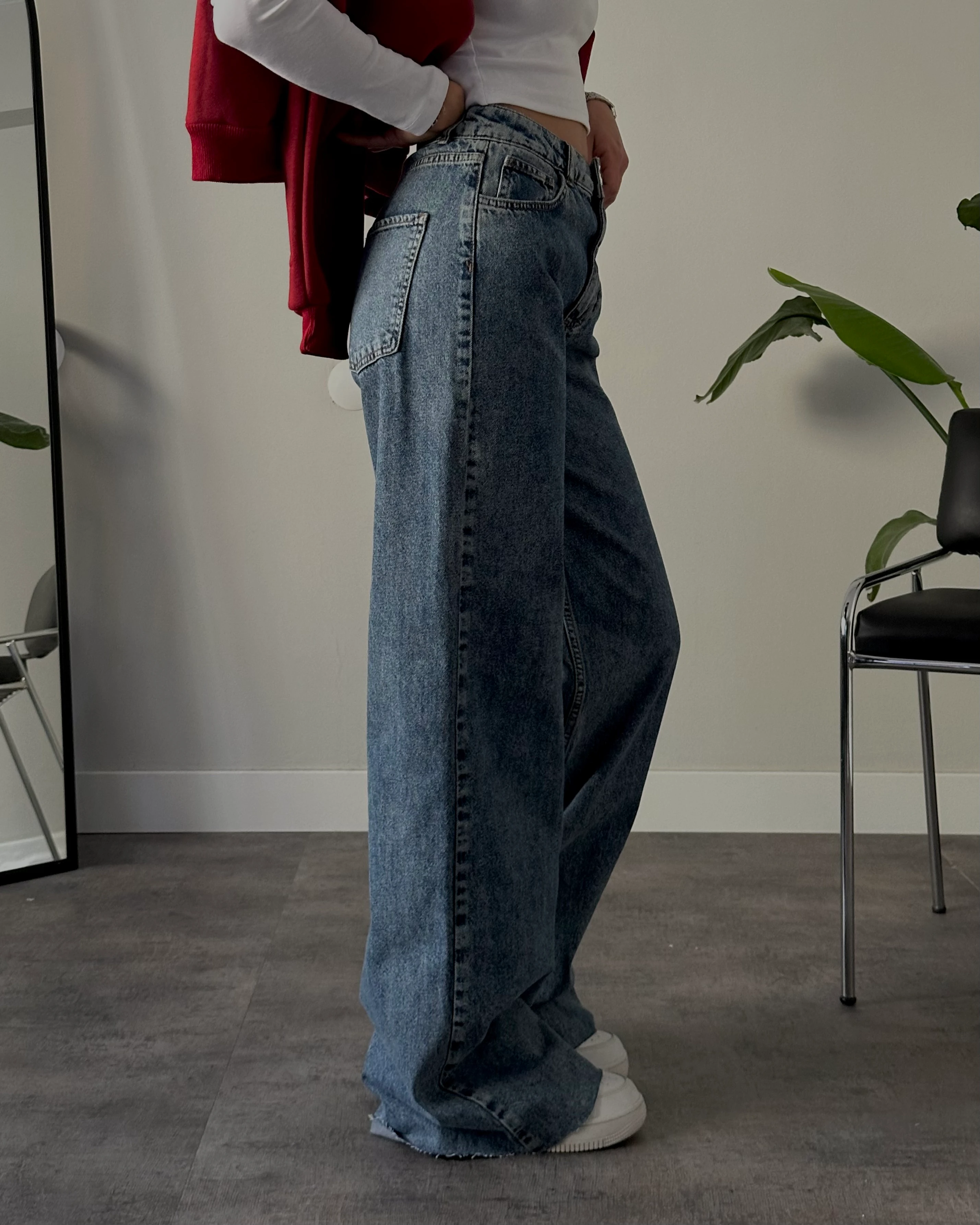 Yüksek Bel Mavi Yıkamalı Wide Leg Jean