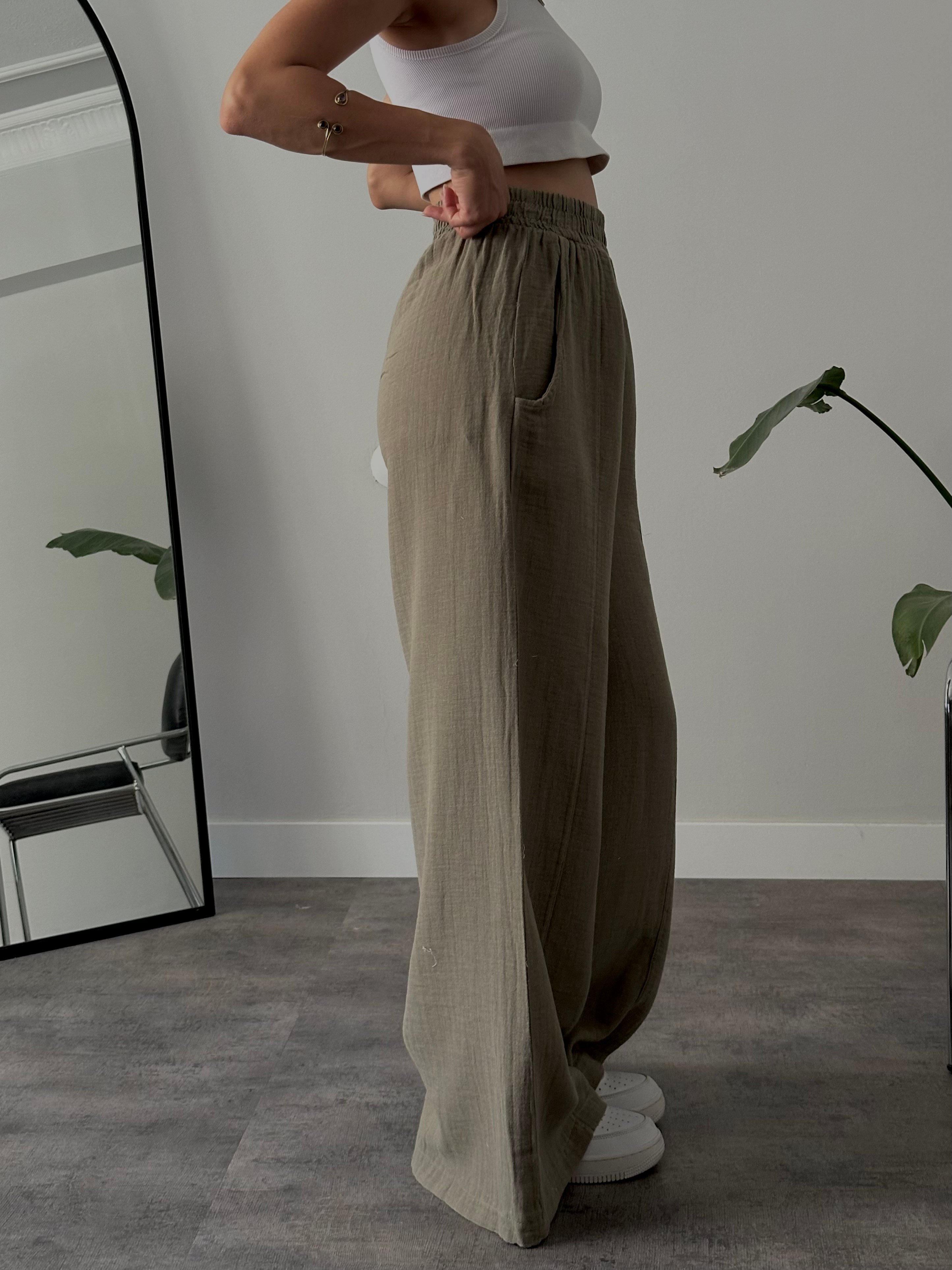 Yüksek Bel Wide Leg Müslin Pantolon