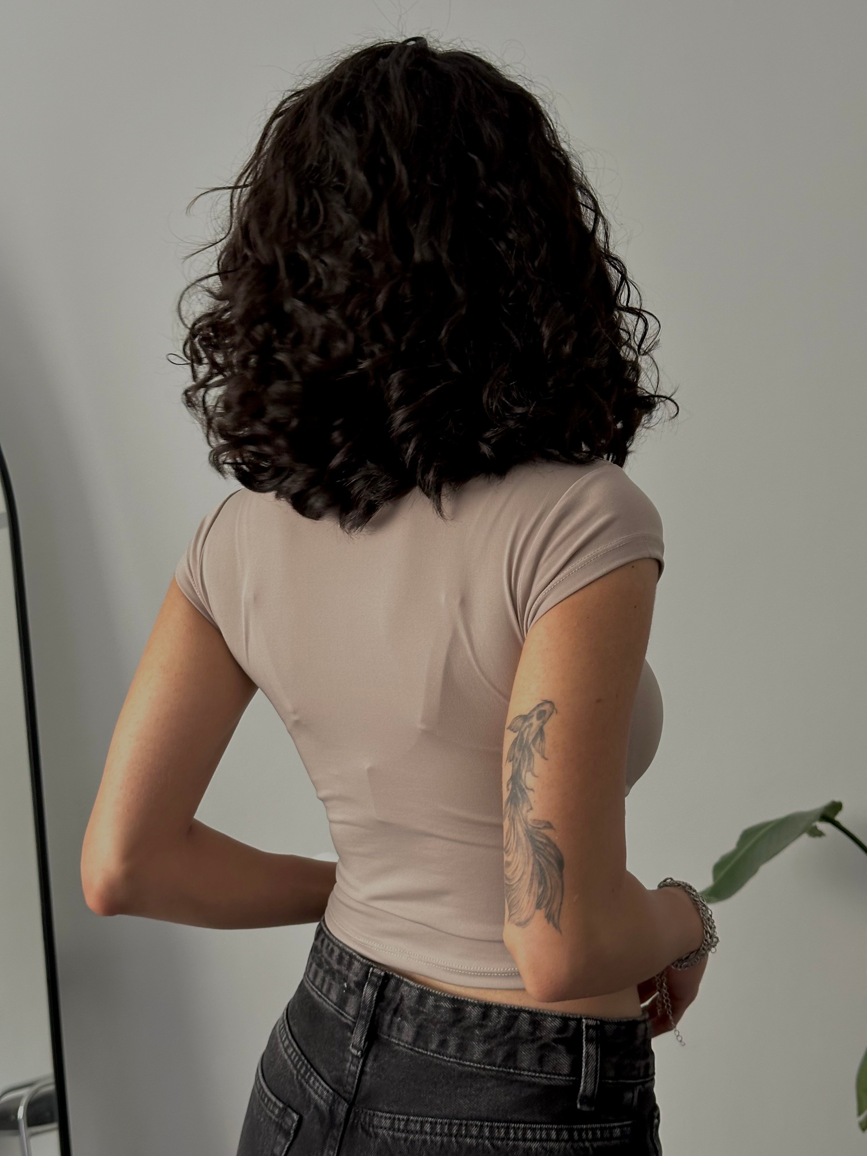 Slim Fit Basic Kısa Kollu Crop  - Bej