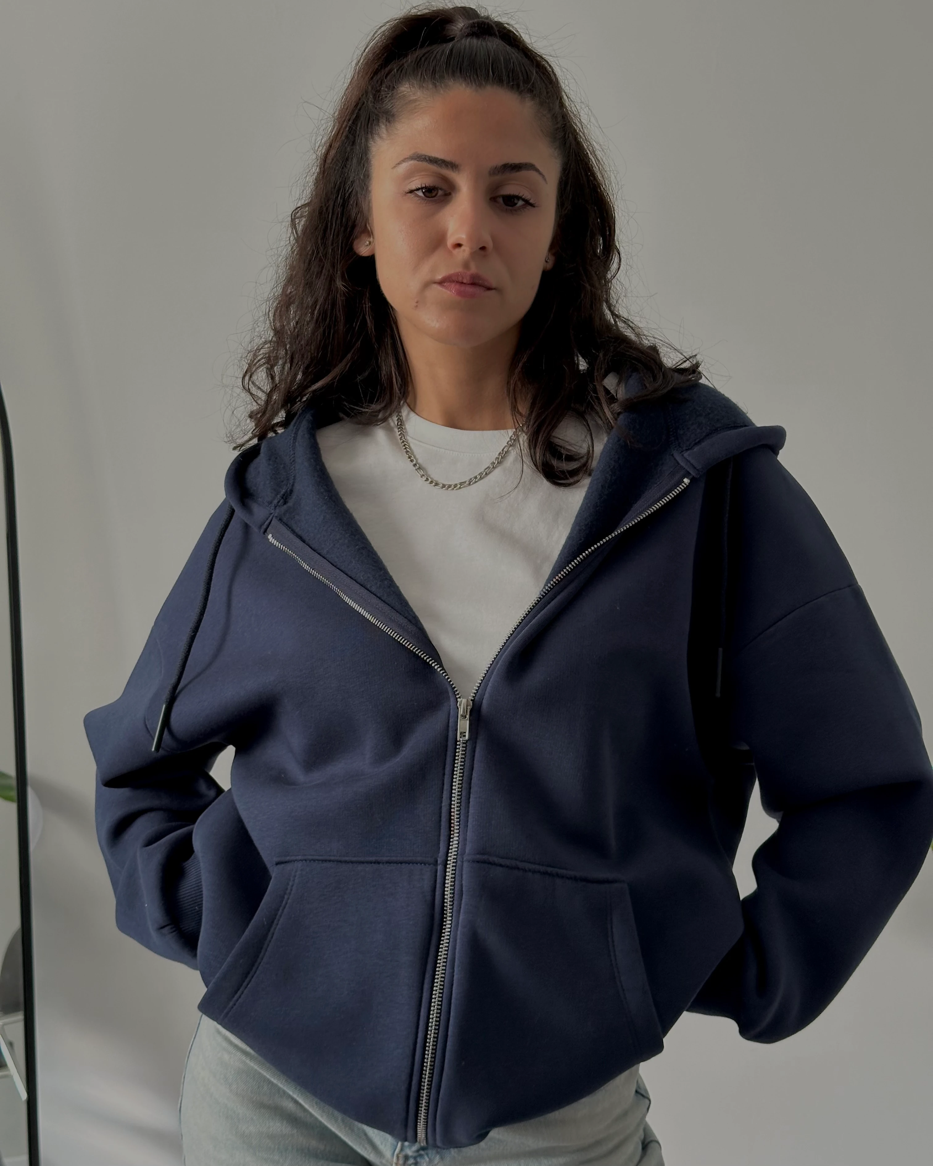 Fermuarlı Kapüşonlu Oversize Sweatshirt - Indigo