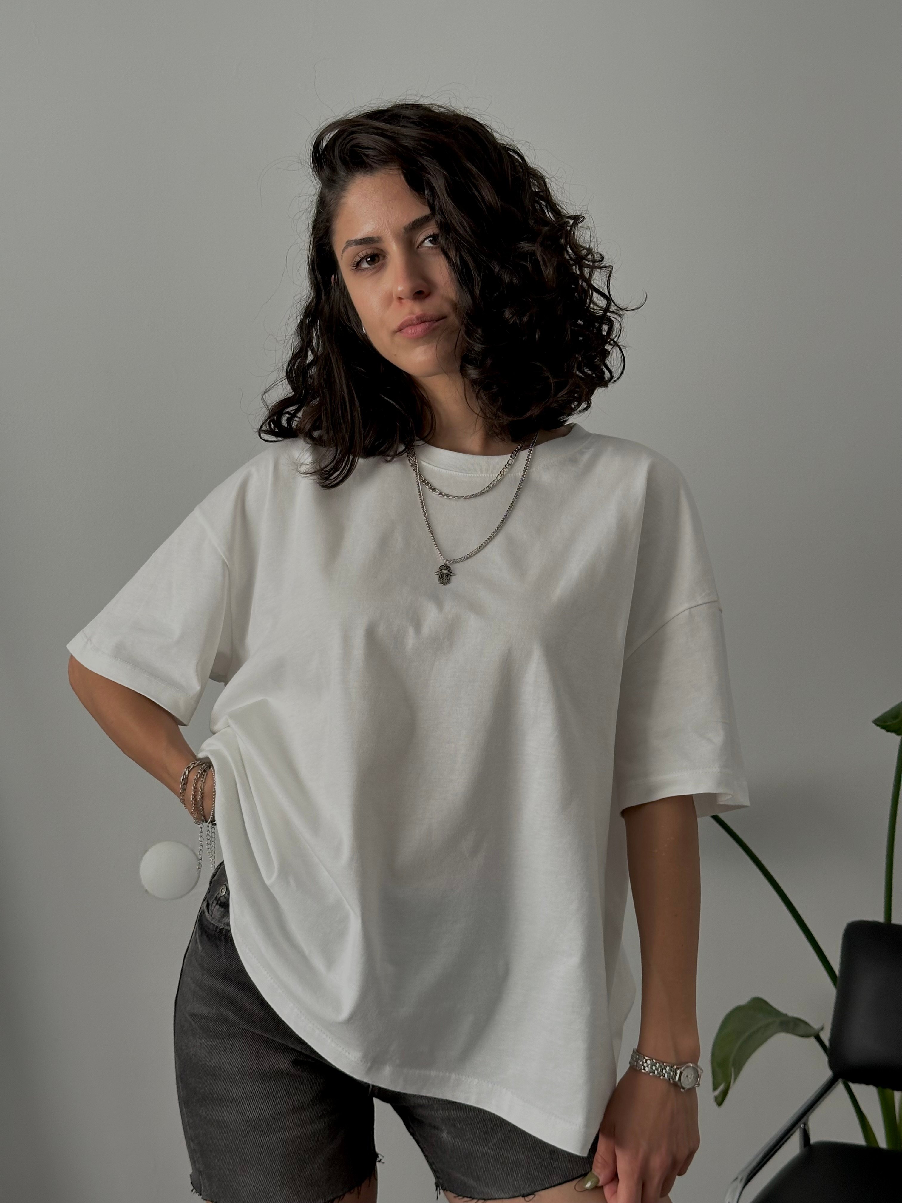 %100 Pamuk Oversize Basic Tişört - Beyaz