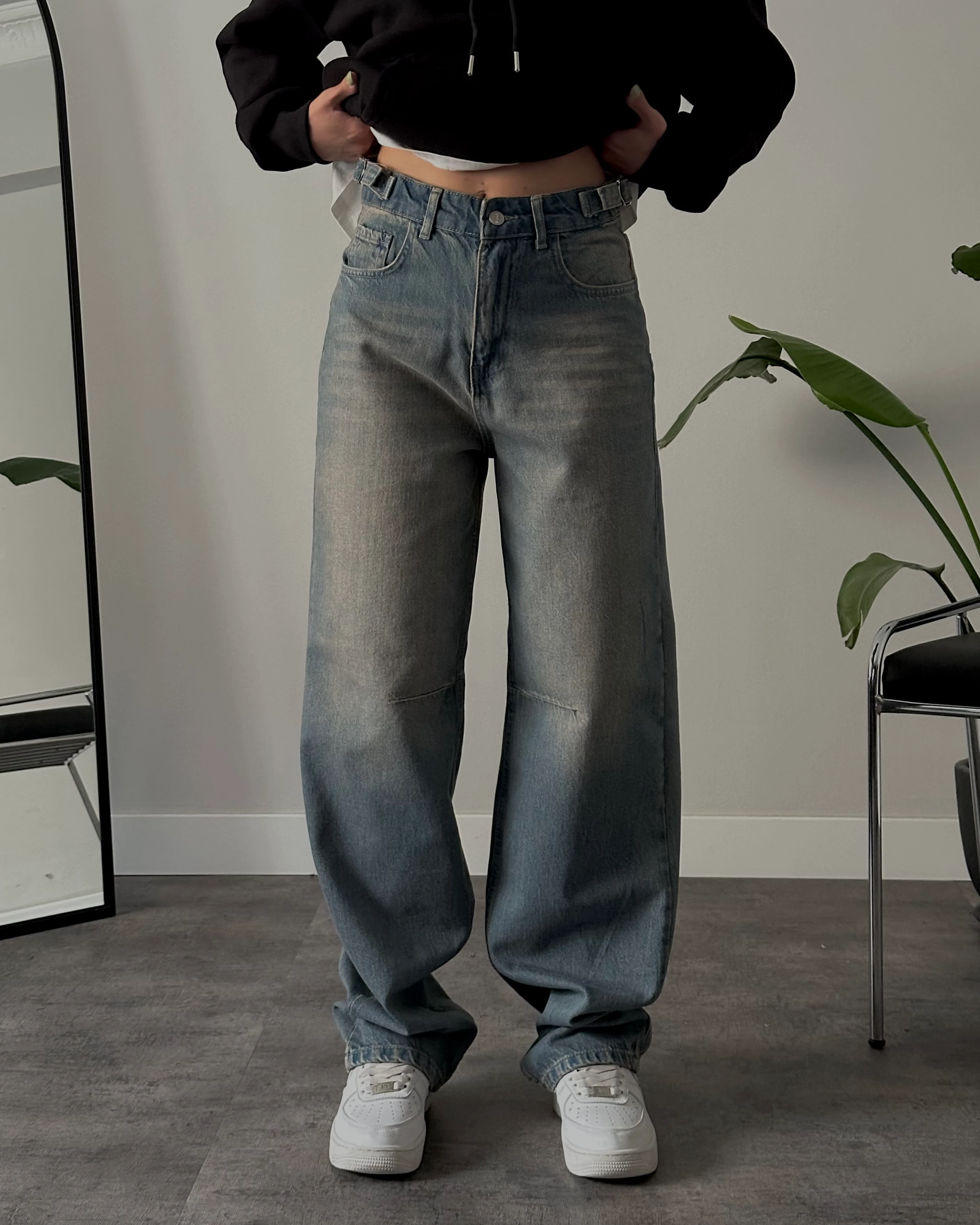 Unisex Yüksek Bel Yandan Tokalı Mavi Vintage Baggy Jean
