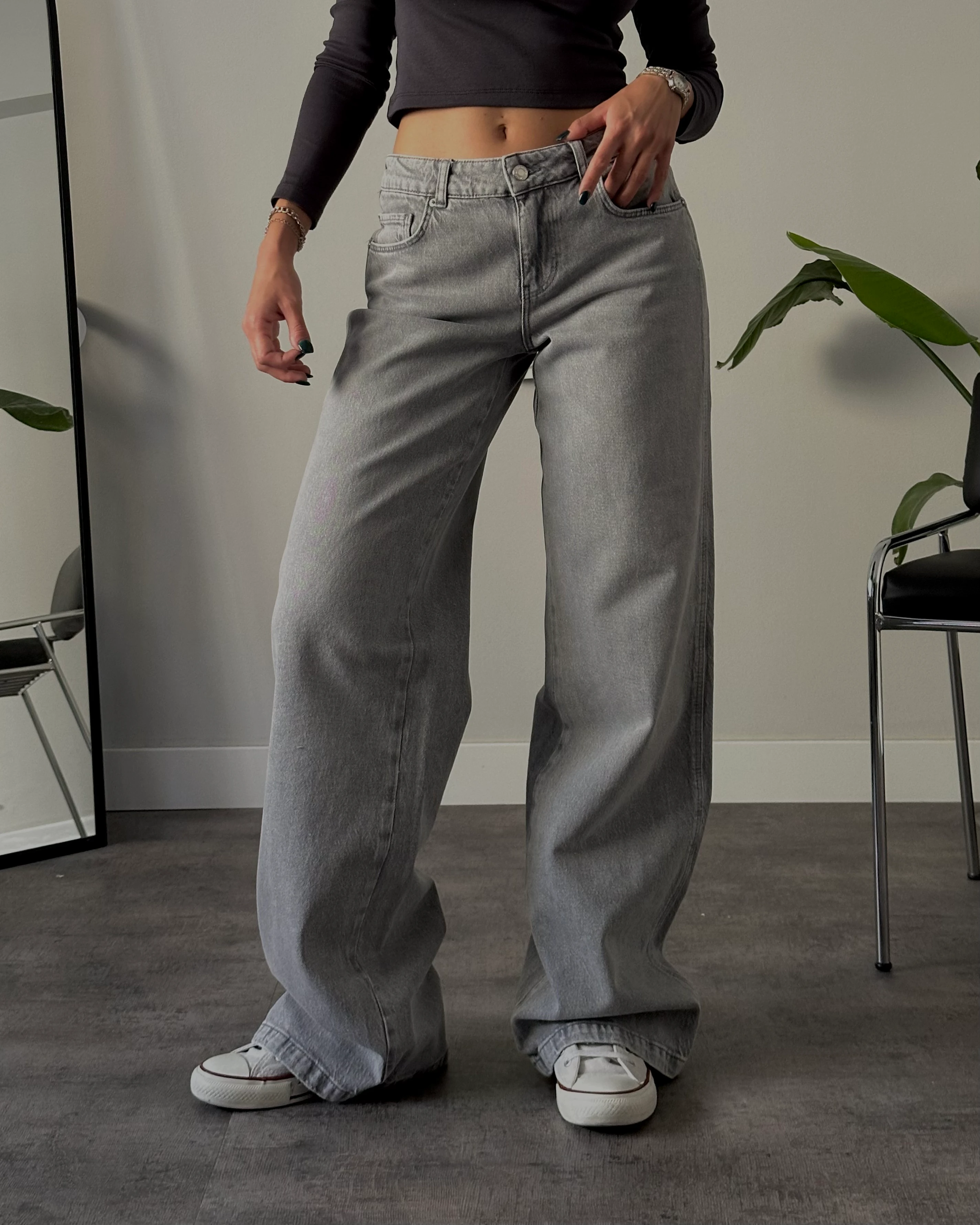 90's Düşük Bel Straight Jean - Gri Denim